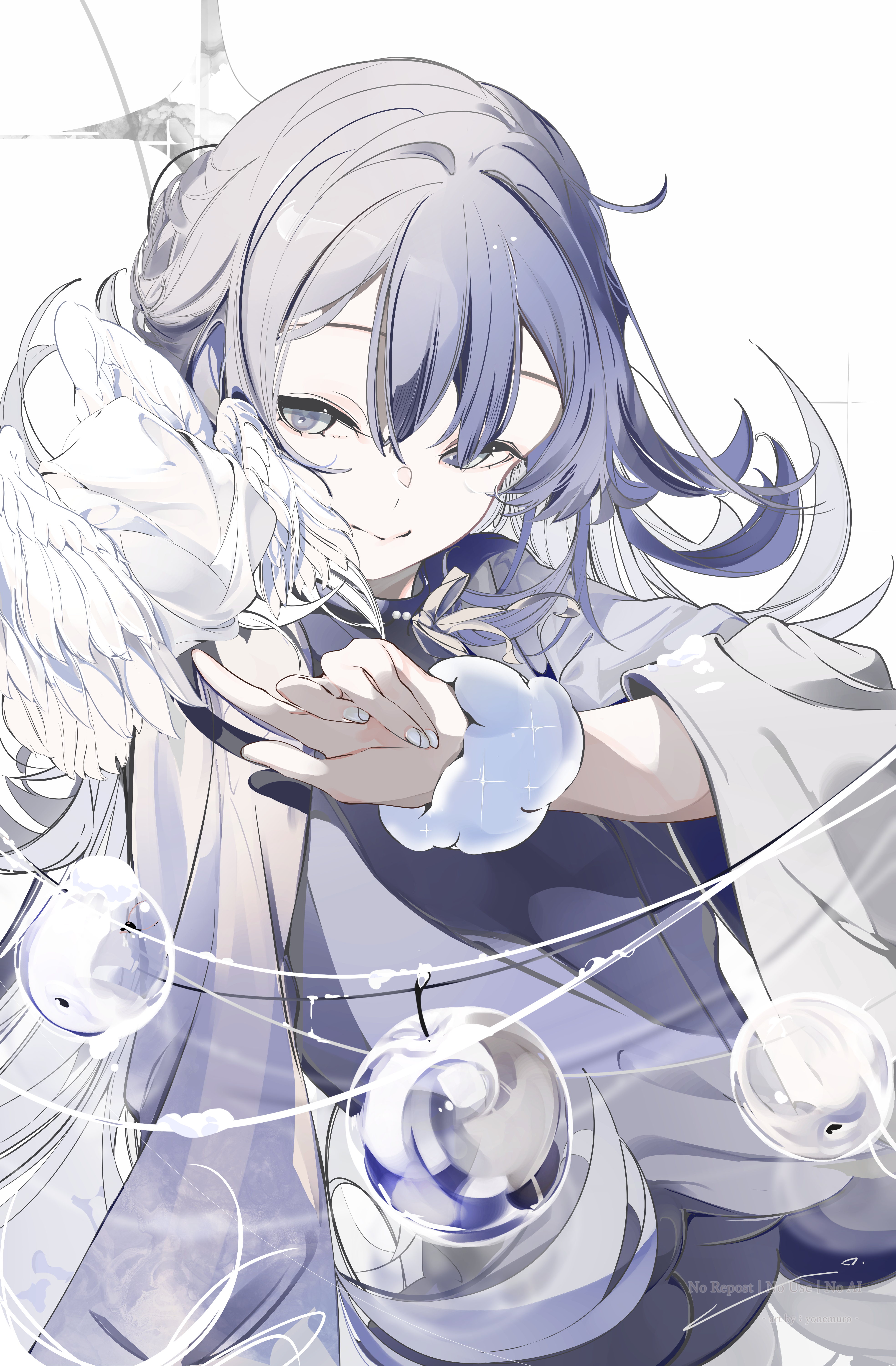 yonemuro, original, absurdres, commentary request, highres, 1girl, apple, black dress, blue hair, closed mouth, cowboy shot, dress, feathers, fingernails, food, fruit, gradient hair, grey eyes, long fingernails, long hair, long sleeves, multicolored hair, nail polish, scrunchie, simple background, smile, solo, very long hair, white background, white nails, wide sleeves, wrist scrunchie