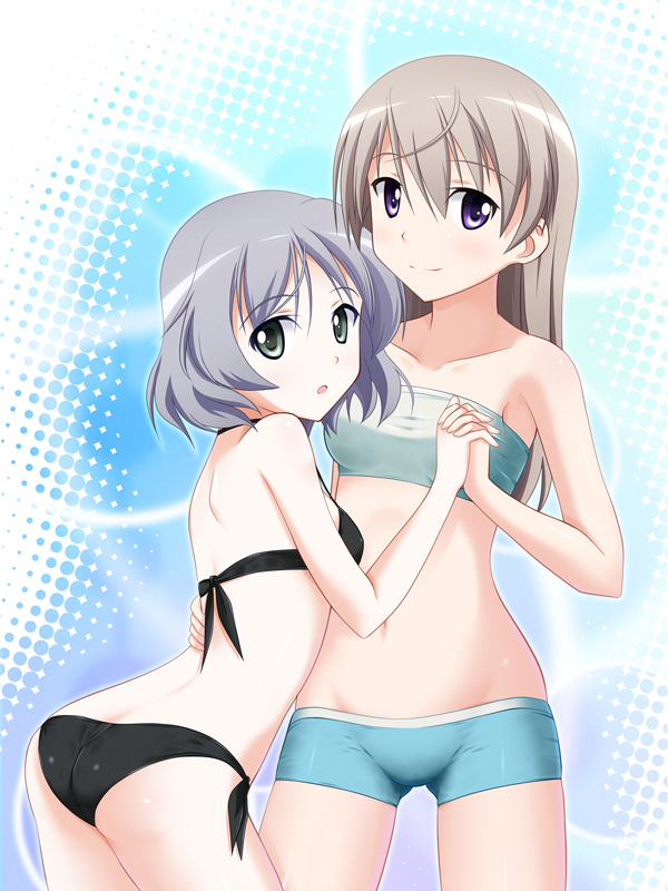hyokkori tamago, eila ilmatar juutilainen, sanya v. litvyak, strike witches, world witches series, silver hair, 00s, 2girls, ass, bikini, blue eyes, green eyes, holding hands, long hair, multiple girls, short hair, swimsuit, yuri