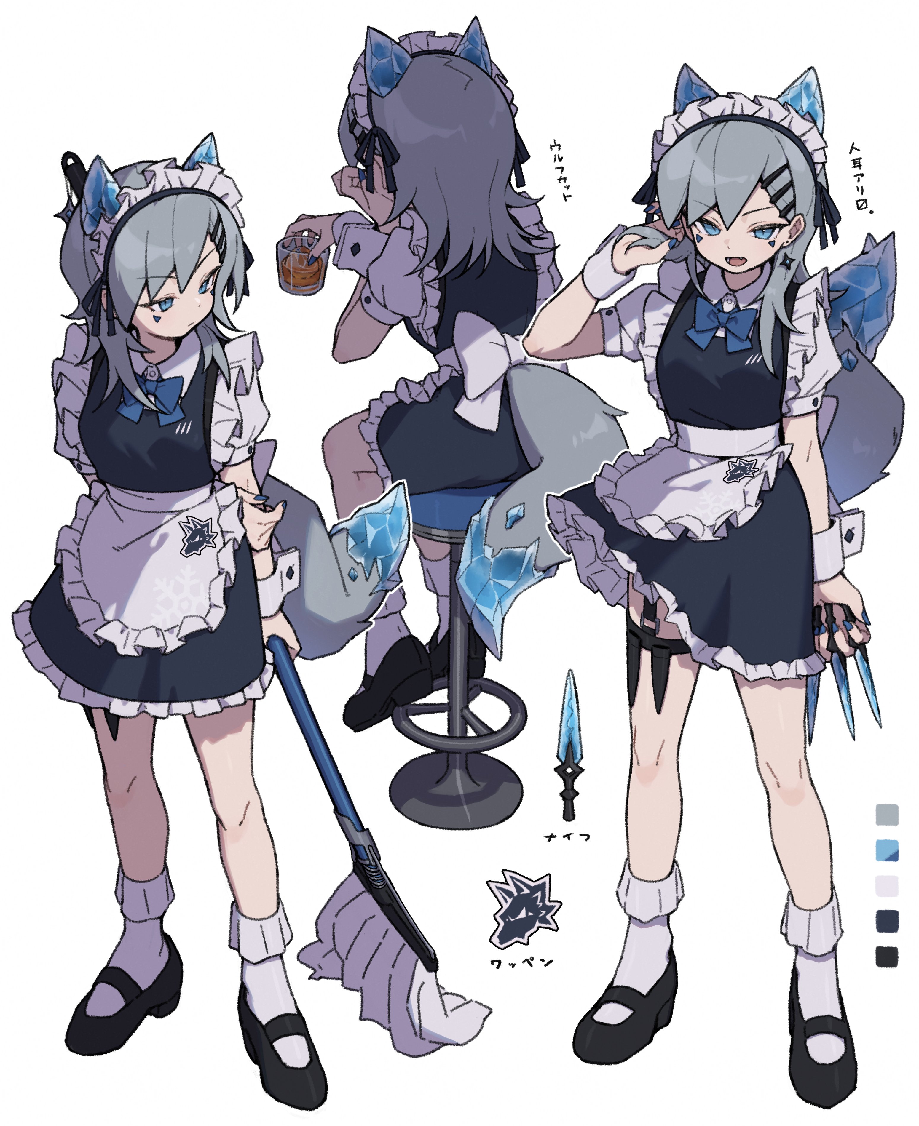 zizi niisan, original, absurdres, highres, 1girl, animal ears, apron, black dress, black shoes, blue eyes, blue nails, bobby socks, bow, bowtie, breasts, collared shirt, color guide, cup, dog tail, dress, extra ears, facial mark, fang, fenrir (zizi niisan), grey hair, hair ornament, hand in own hair, hand on own arm, high heels, holding, holding cup, holding knife, holding mop, holster, knife, long hair, maid headdress, mop, multiple views, open mouth, puffy short sleeves, puffy sleeves, shirt, shoes, short sleeves, simple background, sitting, sleeveless, sleeveless dress, slit pupils, small breasts, socks, standing, stool, tail, thigh holster, throwing knife, waist apron, weapon, white background, white socks, wrist cuffs
