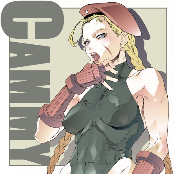 pierre norano, cammy white, capcom, street fighter, bad id, bad pixiv id, 1girl, beret, black leotard, blonde hair, blue eyes, braid, breasts, female focus, fingerless gloves, garrison cap, gloves, hat, large breasts, leotard, long hair, muscular, nipples, ponytail, solo, twin braids