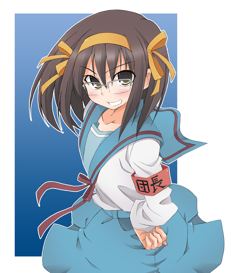 souto, suzumiya haruhi, suzumiya haruhi no yuuutsu, bad id, bad pixiv id, 00s, 1girl, bespectacled, brown eyes, brown hair, female focus, glasses, solo