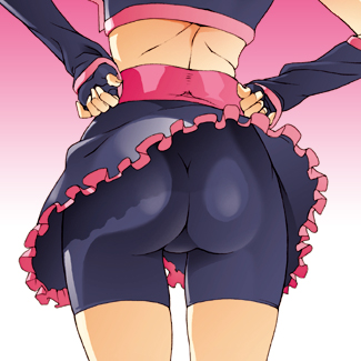 pierre norano, cure black, misumi nagisa, futari wa precure, precure, bad id, bad pixiv id, lowres, 00s, 1girl, ass, ass focus, bike shorts, bike shorts under skirt, close-up, female focus, gradient background, hands on own hips, latex, magical girl, shorts, shorts under skirt, solo