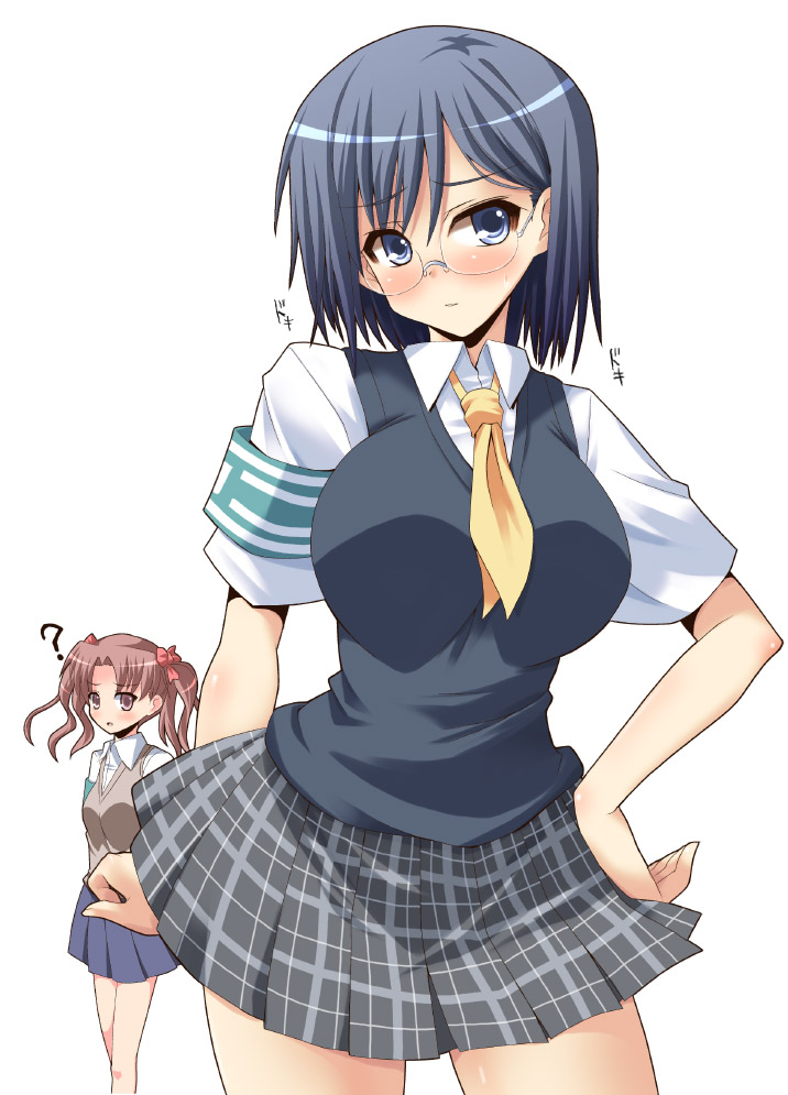 shinshin, konori mii, shirai kuroko, toaru kagaku no railgun, toaru majutsu no index, 00s, 2girls, ?, armband, black hair, blush, bow, breasts, brown hair, glasses, green armband, hair bow, hand on own hip, hip focus, judgment (toaru), large breasts, multiple girls, necktie, plaid clothes, plaid skirt, school uniform, short hair, skirt, sweater vest, tokiwadai school uniform, twintails