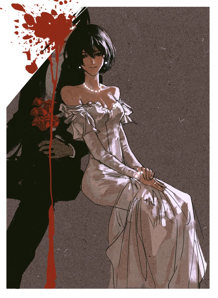 eren yeager, mikasa ackerman, shingeki no kyojin, 1boy, 1girl, bare shoulders, black hair, black jacket, black pants, black suit, blood, blood splatter, border, bouquet, breasts, cleavage, couple, detached sleeves, dress, earrings, feet out of frame, flower, formal clothes, grey background, hair between eyes, hetero, holding, holding bouquet, jacket, jewelry, leaning on person, light smile, long dress, medium breasts, necklace, pants, pearl earrings, pearl necklace, red flower, red rose, ring, rose, shirt, short hair, sitting, suit, suit jacket, white border, white dress, white shirt, xiajiuwan