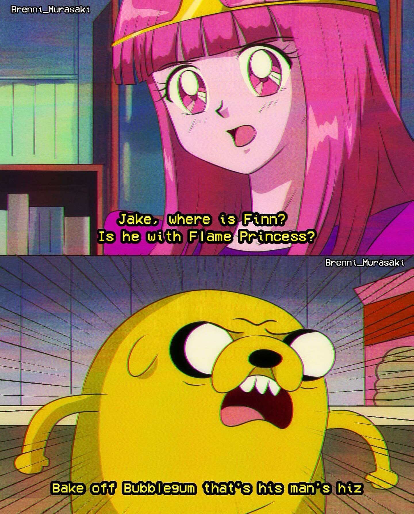 brenni murasaki, jake the dog, princess bonnibel bubblegum, adventure time, highres, spoilers, 1990s (style), 1boy, 1girl, colored skin, dog, dog boy, dress, english text, long hair, looking at viewer, open mouth, pink hair, pink skin, retro artstyle, scene reference, tiara, very long hair