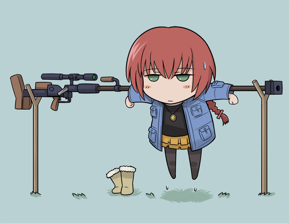 denden, suou pavlichenko, darker than black, 00s, 1girl, anti-materiel rifle, bolt action, braid, chibi, completely unamused, dripping, female focus, gun, hanging, pantyhose, ptrd-41, rifle, single braid, sniper rifle, solo, unamused, weapon