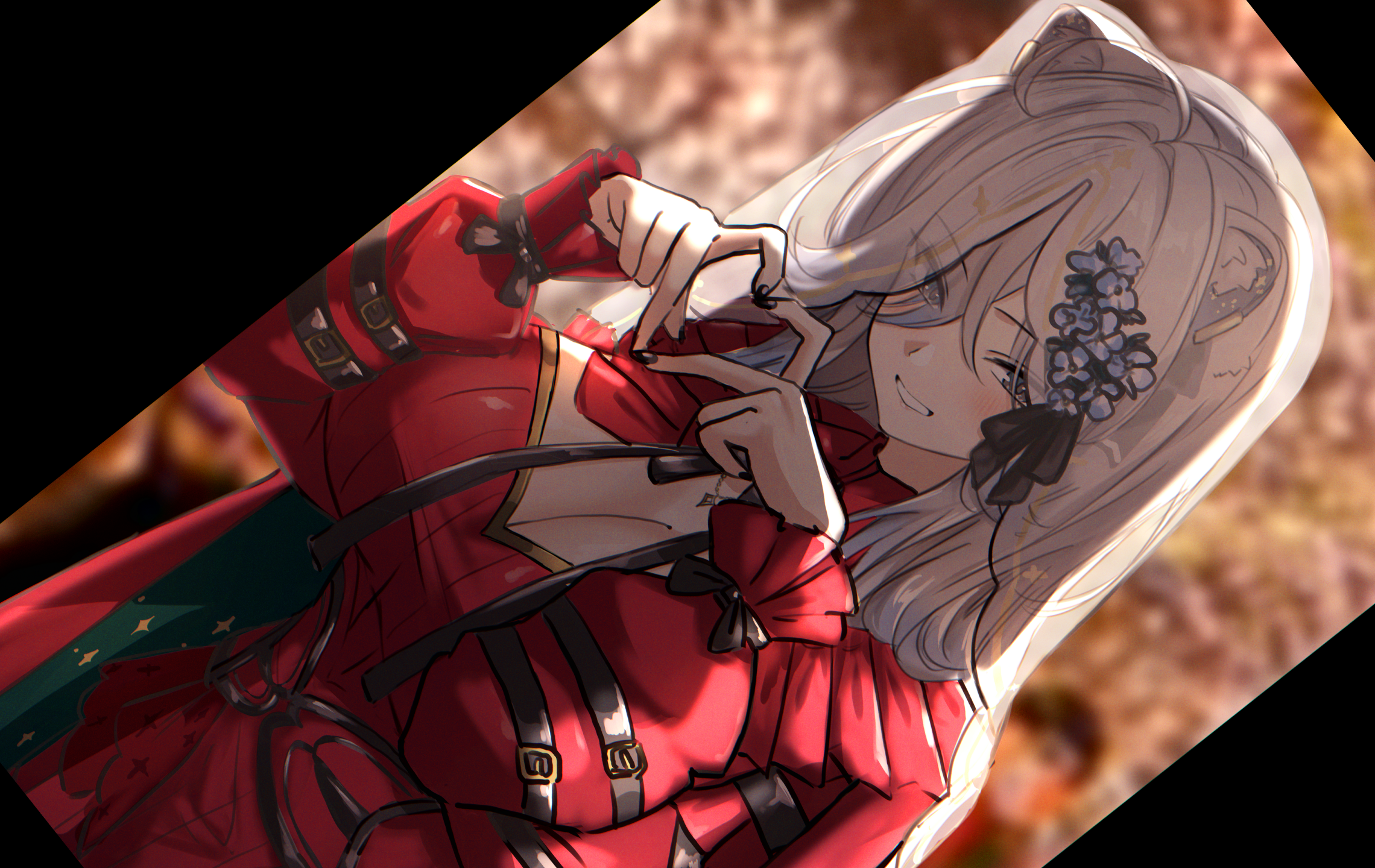 zexalmike, shishiro botan, hololive, commentary request, highres, mixed-language commentary, 1girl, :d, ahoge, animal ear fluff, animal ears, backlighting, black nails, black ribbon, blue flower, blurry, blurry background, blush, breasts, buckle, cleavage, depth of field, dress, dutch angle, eyes visible through hair, flower, grey eyes, grey hair, grin, hair flower, hair ornament, hair over one eye, hair ribbon, heart, heart hands, large breasts, lion ears, long hair, long sleeves, looking at viewer, nail polish, open mouth, parted lips, red dress, ribbon, smile, solo, upper body, virtual youtuber