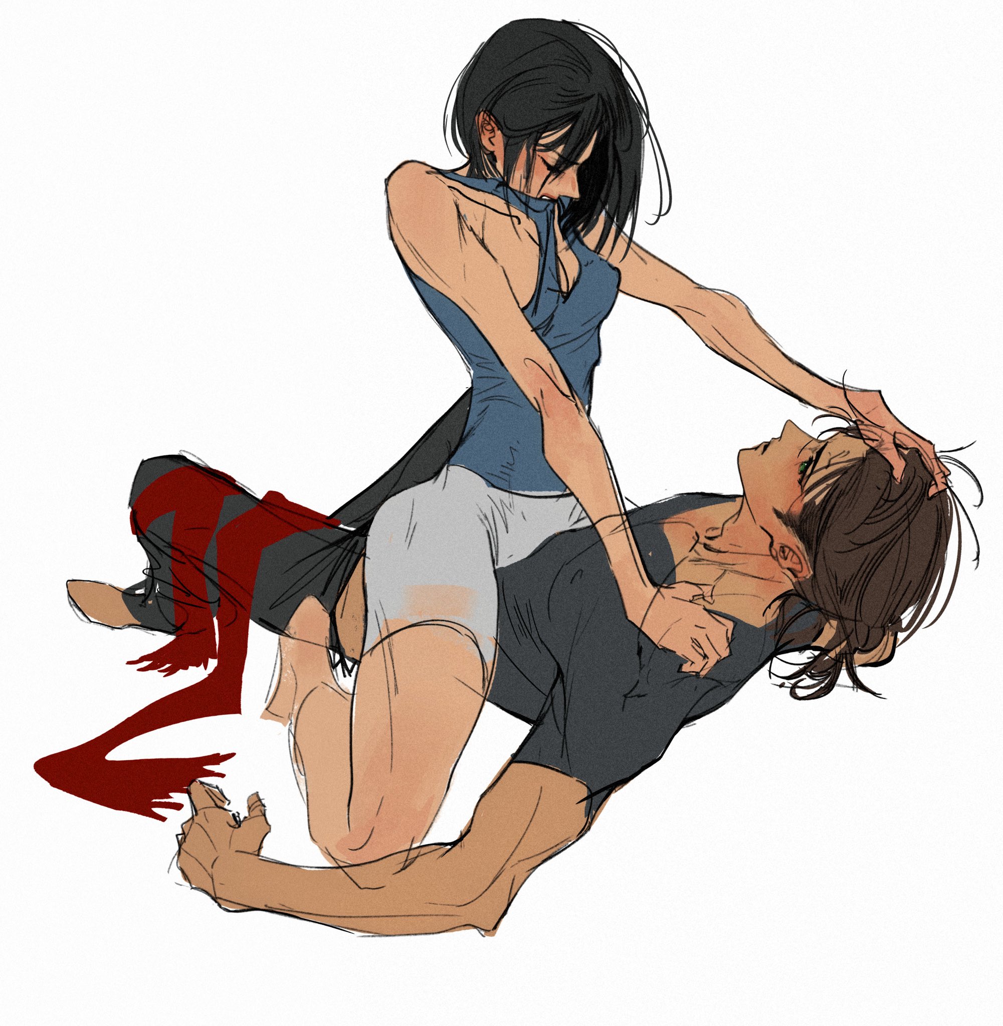 eren yeager, mikasa ackerman, shingeki no kyojin, highres, 1boy, 1girl, barefoot, black hair, breasts, brown hair, cleavage, closed eyes, couple, full body, girl on top, grey shirt, grey shorts, hair between eyes, hand in another's hair, hand on another's shoulder, hetero, medium breasts, medium hair, pants, red pants, shirt, short sleeves, shorts, sketch, sleeveless, sleeveless shirt, straddling, white background, xiajiuwan