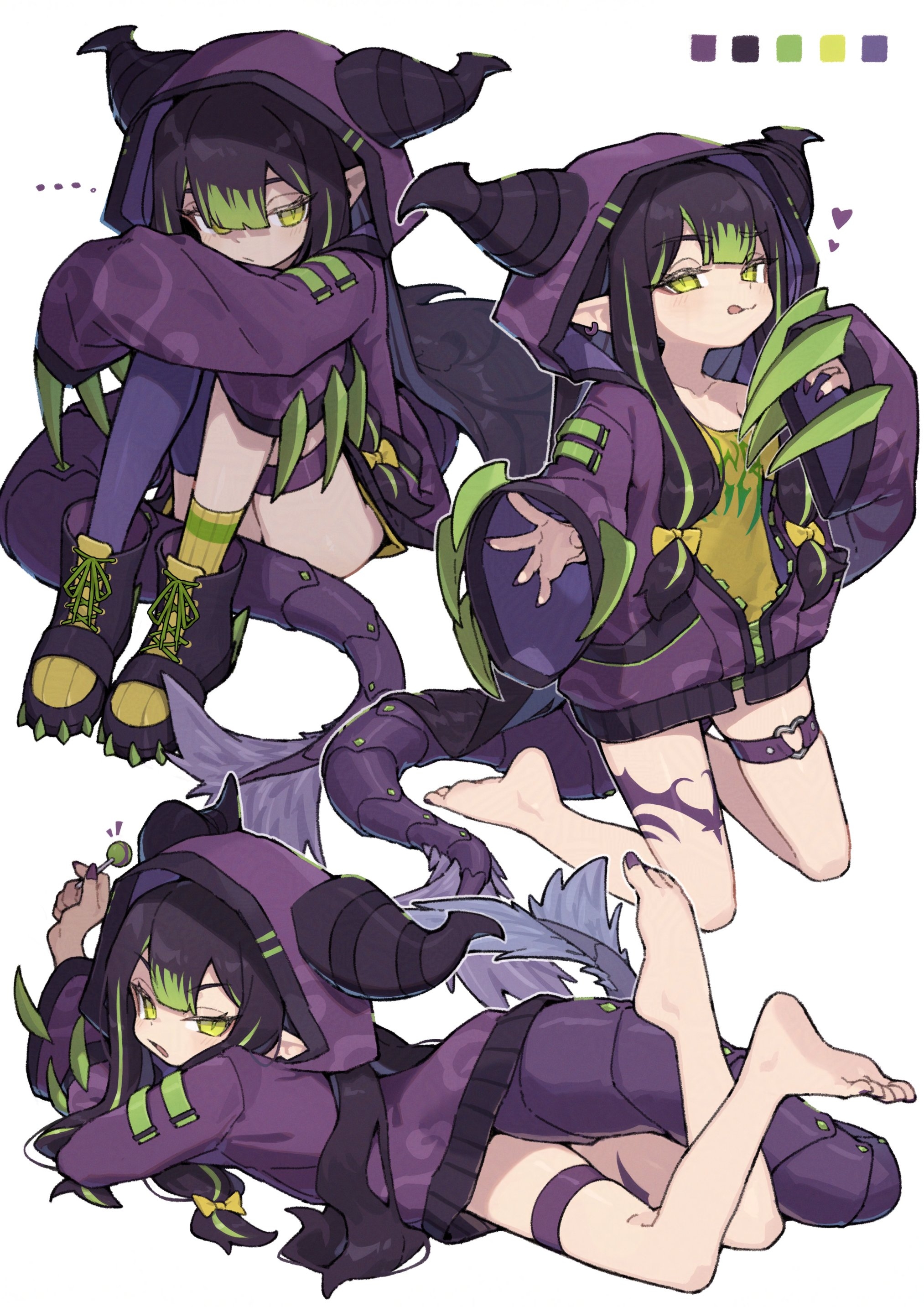 zizi niisan, original, absurdres, commission, highres, …, 1girl, asymmetrical legwear, barefoot, boots, bow, candy, closed mouth, color guide, dragon tail, ear piercing, food, hair bow, heart, hood, hoodie, horned hood, horns, kneeling, leg tattoo, licking lips, light blush, lollipop, long hair, lying, mismatched legwear, multicolored hair, multiple views, on stomach, open mouth, piercing, pointy ears, purple hair, purple hoodie, shirt, single sock, single thighhigh, sleeves past fingers, sleeves past wrists, slit pupils, socks, streaked hair, tail, tattoo, thigh strap, thighhighs, tongue, tongue out, uneven legwear, yellow eyes, yellow shirt