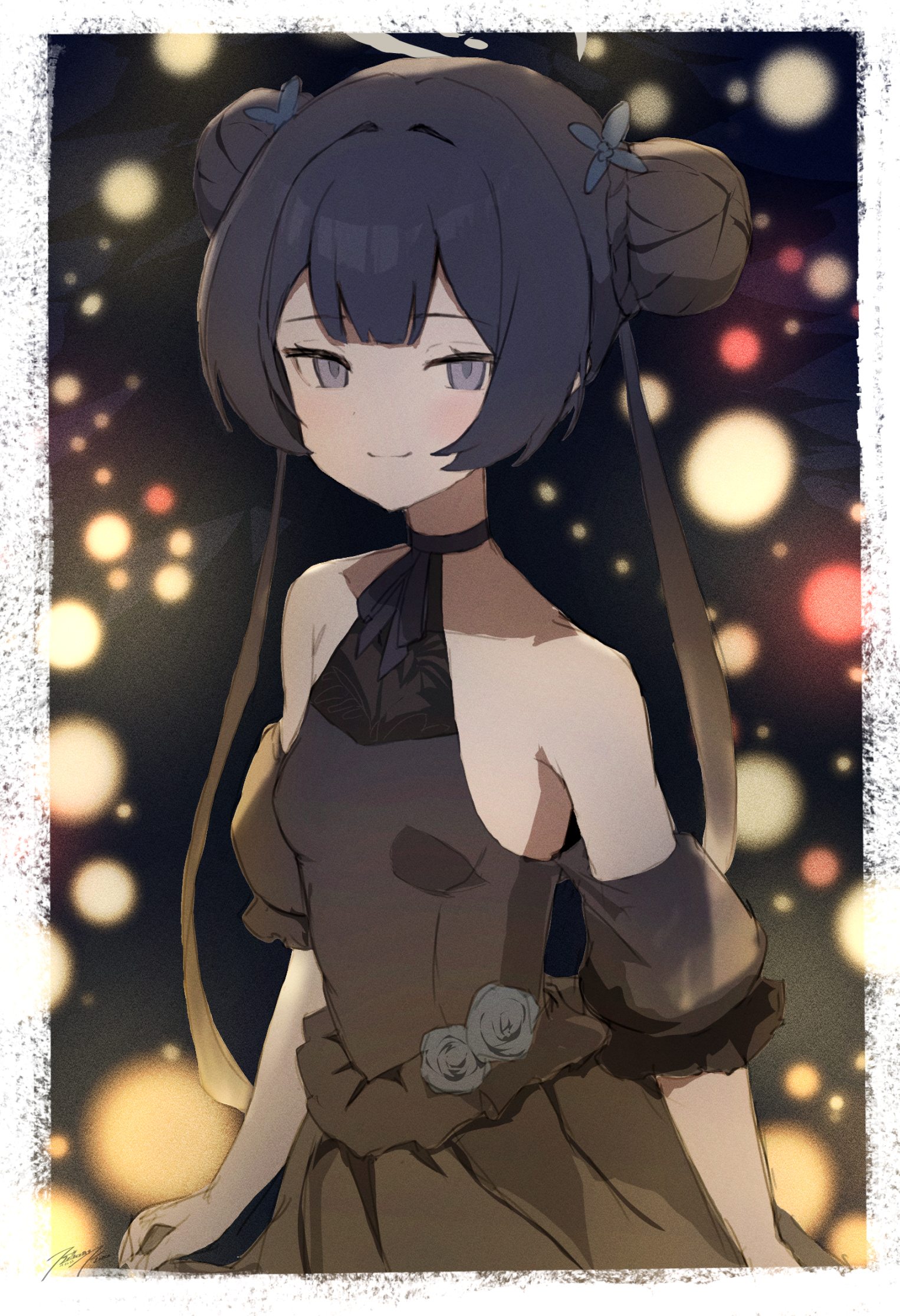 punished pigeon, kisaki (blue archive), blue archive, commentary, english commentary, highres, 1girl, bare shoulders, black dress, black hair, black ribbon, blue flower, blue rose, blurry, blurry background, blush, border, braid, breasts, closed mouth, cowboy shot, detached sleeves, dress, flower, grey eyes, halo, halter dress, halterneck, long hair, looking at viewer, neck ribbon, ribbon, rose, short sleeves, signature, small breasts, smile, solo, twin braids, twintails, white border