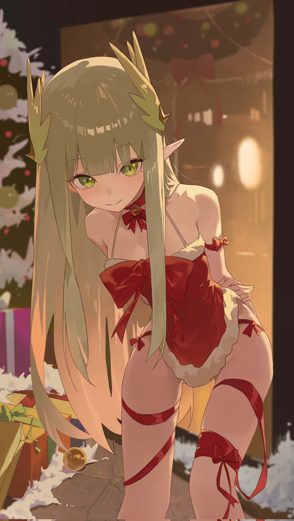 yorei 8338, muelsyse (arknights), arknights, highres, 1girl, blonde hair, blunt bangs, christmas, closed mouth, dress, green eyes, laurel crown, long hair, looking at viewer, mole, mole under eye, pointy ears, red dress, santa costume, santa dress, sleeveless, sleeveless dress, smile, solo, standing