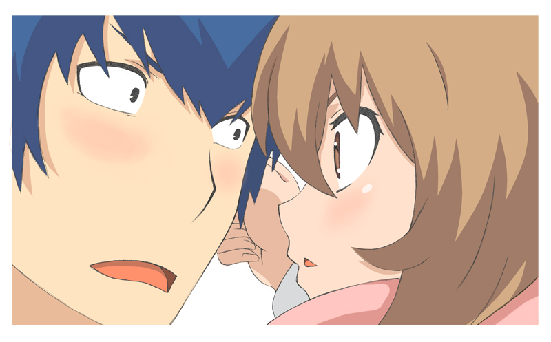 u-56, aisaka taiga, takasu ryuuji, toradora!, bad id, bad pixiv id, 00s, 1boy, 1girl, black eyes, blue hair, blush, brown eyes, brown hair, scarf