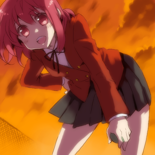 manle, kushieda minori, toradora!, lowres, 00s, 1girl, ball, female focus, red eyes, red hair, school uniform, short hair, smile, solo