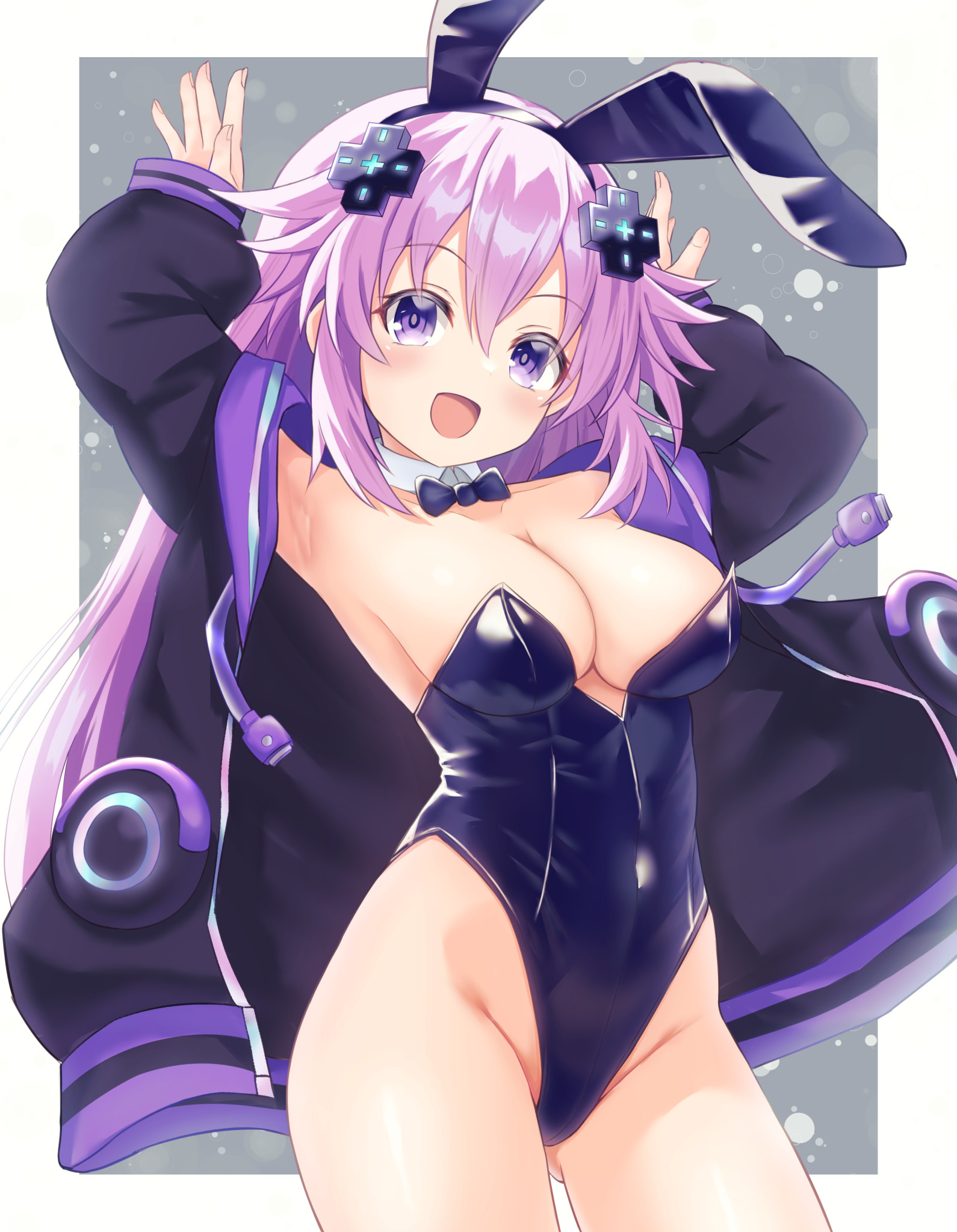 eima, eima mcykt, neptune (neptunia), purple heart (neptunia), neptune (series), highres, 1girl, animal ears, bare shoulders, breasts, d-pad, d-pad hair ornament, hair ornament, hood, hooded track jacket, jacket, leotard, long hair, looking at viewer, playboy bunny, power symbol, purple hair, rabbit ears, solo, strapless, strapless leotard, symbol-shaped pupils, thighs, track jacket