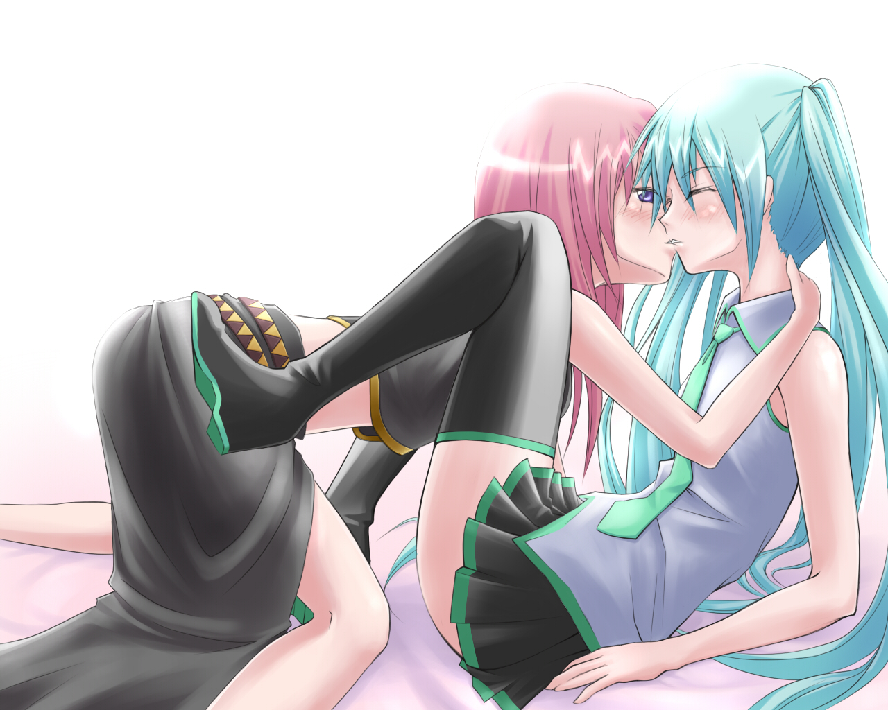 hatsune miku, megurine luka, vocaloid, 2girls, blue hair, blush, closed eyes, kiss, midriff, multiple girls, necktie, pink hair, purple eyes, skirt, thighhighs, yuri