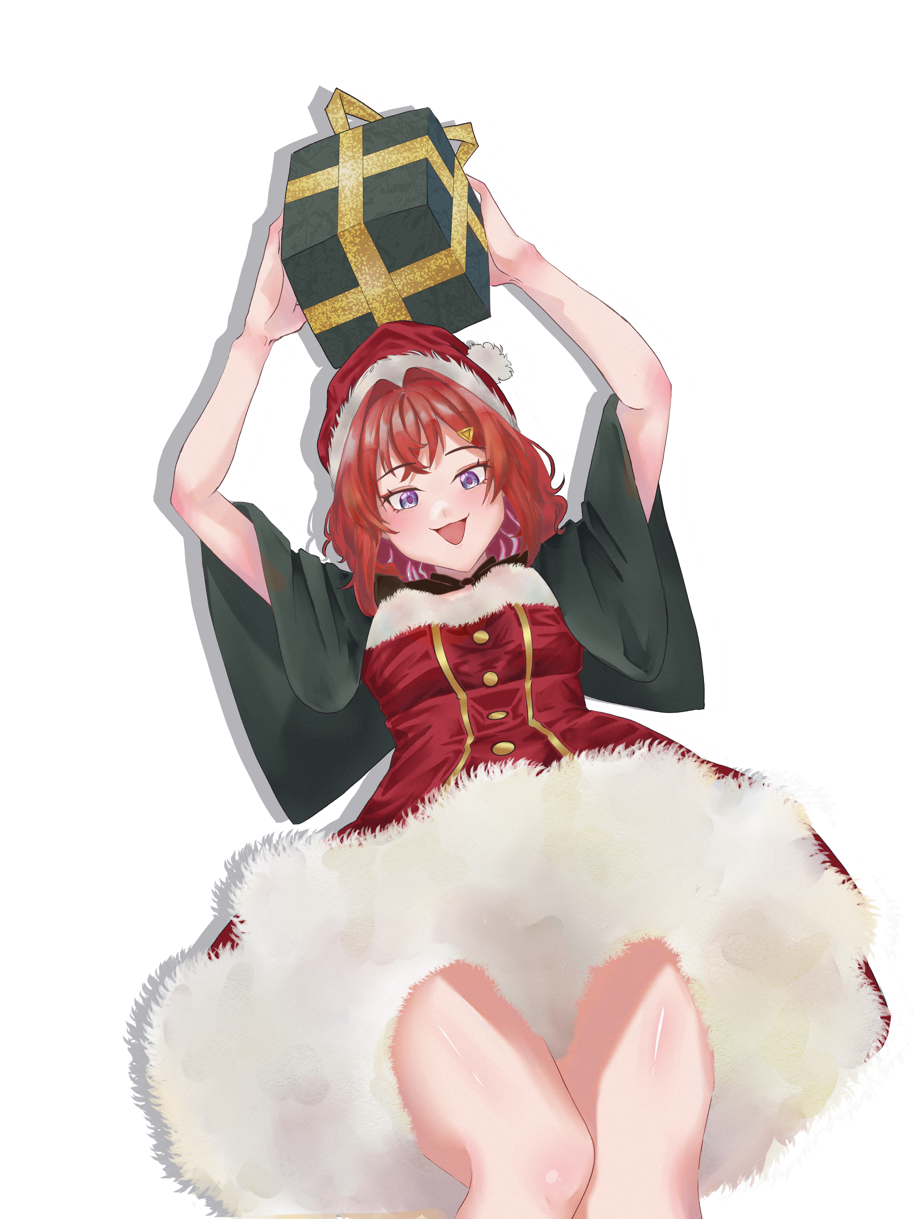 ange katrina, nijisanji, absurdres, commentary request, highres, variant set, 1girl, :d, alternate costume, arms up, blush, box, breasts, capelet, christmas, dress, drop shadow, feet out of frame, from below, fur-trimmed dress, fur-trimmed headwear, fur trim, gift, gift box, green capelet, hair intakes, hair ornament, hat, holding, holding gift, karura kaga, looking at viewer, medium hair, open mouth, purple eyes, red dress, red hair, red hat, santa costume, santa hat, short dress, simple background, small breasts, smile, solo, triangle hair ornament, virtual youtuber, white background