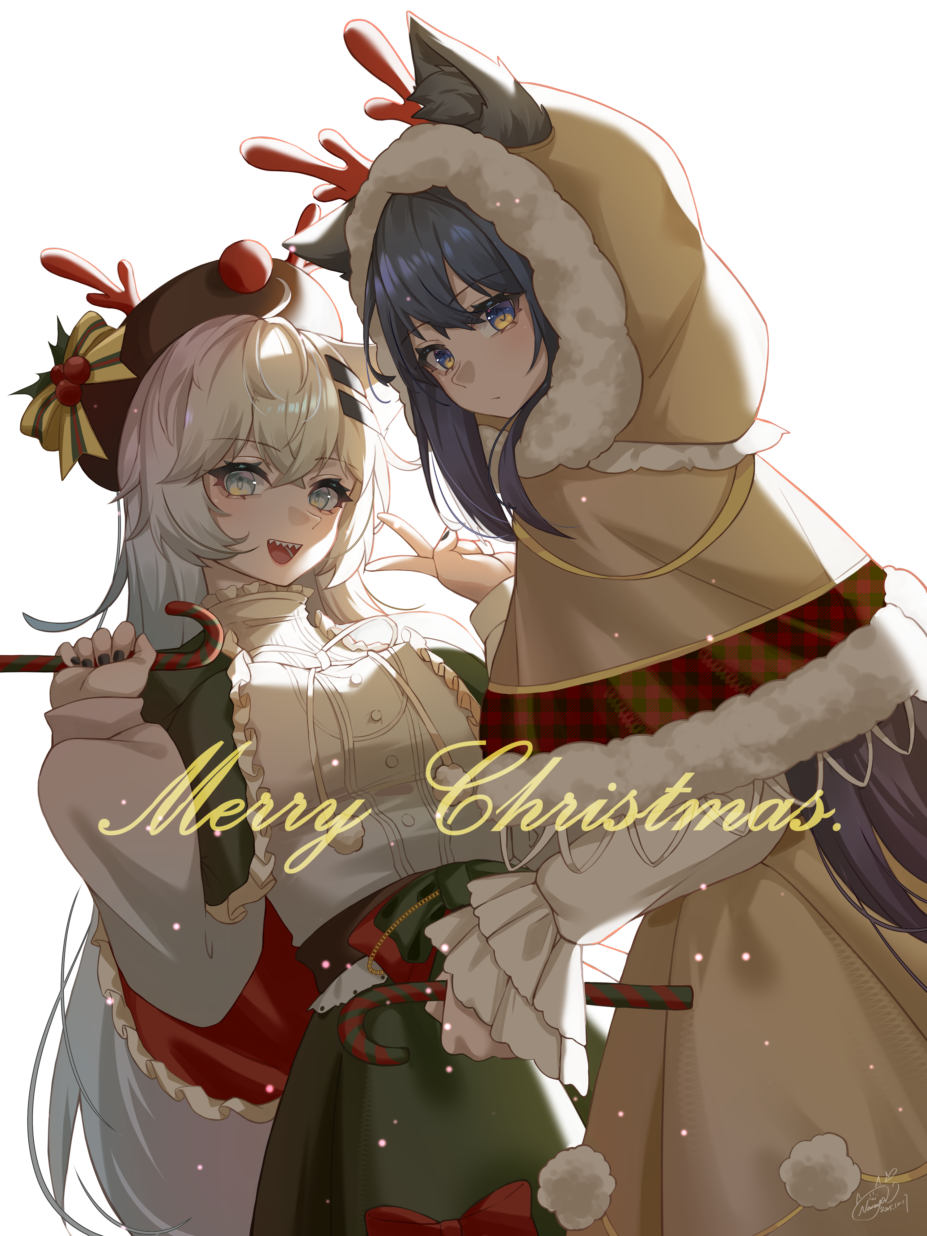 nanaya journey, lappland (arknights), texas (arknights), arknights, absurdres, commentary, english commentary, highres, 2girls, :d, alternate costume, animal ear fluff, animal ears, black hair, black hat, black nails, blue eyes, blush, bow, breasts, brown capelet, brown dress, candy, candy cane, capelet, christmas, dress, ears through hood, fake antlers, food, frilled sleeves, frills, green bow, green capelet, green skirt, hair ornament, hairclip, hat, hat bow, holding, holding food, holly, hood, hooded capelet, long hair, long sleeves, looking at viewer, looking back, medium breasts, merry christmas, multiple girls, nail polish, neck ribbon, open mouth, pom pom (clothes), ribbon, sharp teeth, shirt, signature, simple background, skirt, smile, teeth, v, very long hair, white background, white hair, white ribbon, white shirt, wolf ears, yellow bow, yellow eyes