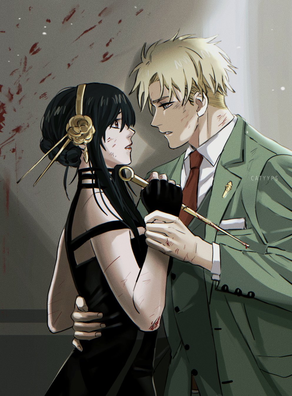 catyyps, twilight (spy x family), yor briar, spy x family, highres, 1boy, 1girl, arm around waist, artist name, bare shoulders, black dress, black gloves, black hair, blonde hair, blood, blood on arm, blood on face, blood on wall, collared shirt, couple, dagger, dress, earrings, fingerless gloves, flower, gloves, gold earrings, gold hairband, green jacket, green vest, hair between eyes, hair flower, hair ornament, hair stick, hairband, hetero, holding, holding another's wrist, holding weapon, jacket, jewelry, knife, long hair, looking at another, necktie, parted bangs, parted lips, pocket square, red lips, red necktie, shirt, short hair, sidelocks, stiletto (weapon), suit jacket, updo, vest, waistcoat, weapon, white shirt