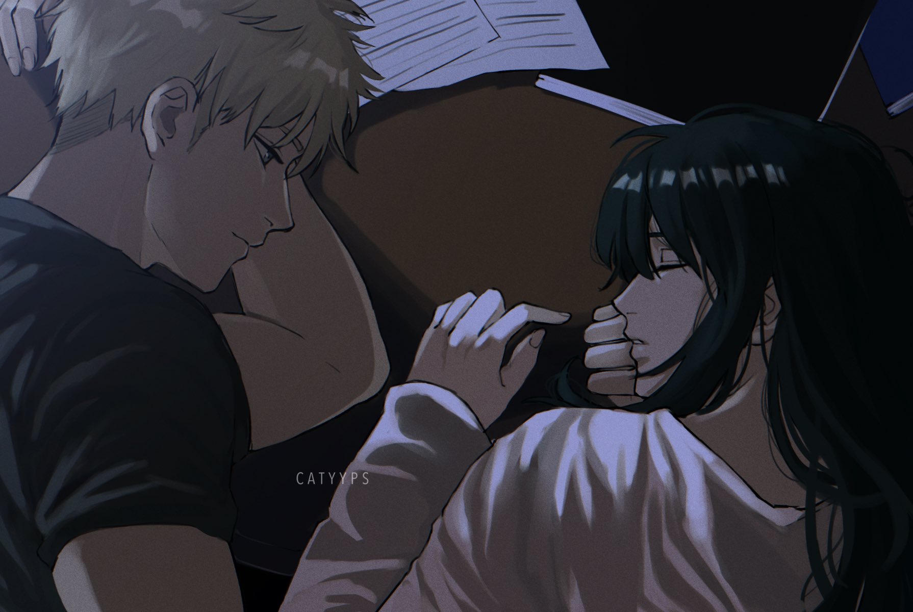 catyyps, twilight (spy x family), yor briar, spy x family, highres, 1boy, 1girl, artist name, black hair, black shirt, blonde hair, closed eyes, closed mouth, from above, hair between eyes, long hair, long sleeves, looking at another, paper, parted lips, shirt, short hair, short sleeves, sidelocks, sleeping, upper body, white shirt