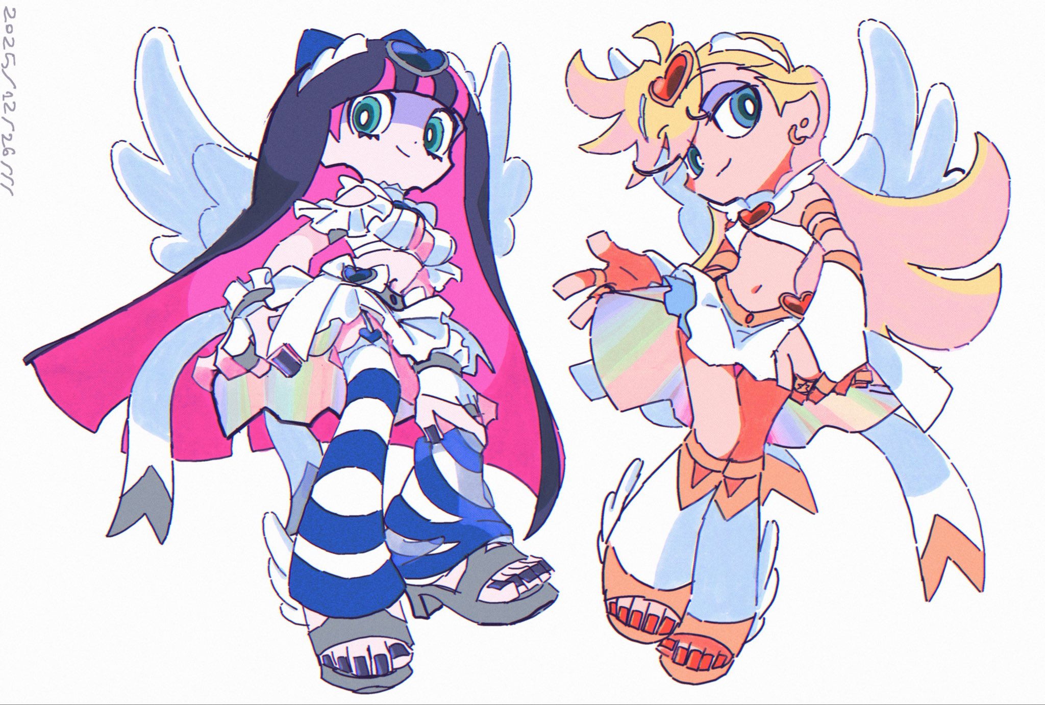 sono (samusu gi), panty (psg), stocking (psg), panty & stocking with garterbelt, highres, 2girls, ahoge, angel, angel wings, aqua eyes, armlet, back bow, black nails, blonde hair, blue eyes, blue eyeshadow, blunt bangs, boots, bow, bow skirt, bridal gauntlets, brooch, center opening, clothing cutout, criss-cross halter, crop top, earrings, eyelashes, eyeshadow, feathered wings, frilled bridal gauntlets, frilled sleeves, frills, from below, garter straps, gold, gold earrings, gold trim, hair ornament, hair wings, half-closed eyes, halterneck, hand on own knee, heart, heart brooch, heart hair ornament, high-low skirt, high heel sandals, iridescent clothes, iridescent skirt, jewelry, knee boots, layered skirt, leg warmers, long eyelashes, long hair, looking at viewer, makeup, multicolored hair, multiple armlets, multiple girls, multiple rings, nail polish, navel, open-toe boots, parted bangs, pink hair, platform sandals, purple hair, red nails, ring, sandals, sanpaku, shirt, shoes, shoulder cutout, siblings, silver sandals, simple background, sisters, skirt, smile, striped leg warmers, stud earrings, toenail polish, toenails, two-tone hair, very long hair, white background, white boots, white bow, white bridal gauntlets, white shirt, white skirt, white sleeves, white wings, winged shoes, wings