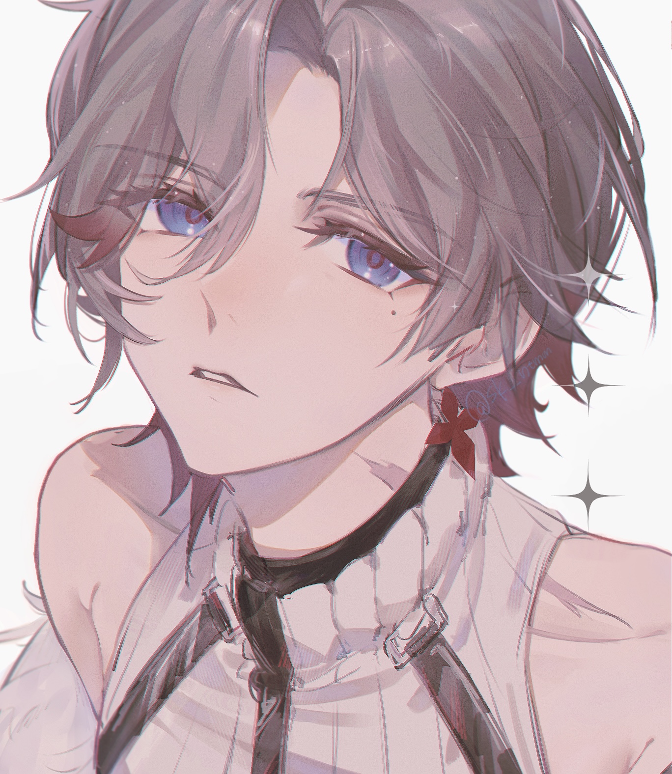 illuga (genshin impact), genshin impact, highres, 1boy, bare shoulders, blue eyes, looking to the side, male focus, mole, mole under eye, rxxx 0, scar, scar on shoulder, solo, sparkle, teeth, white background