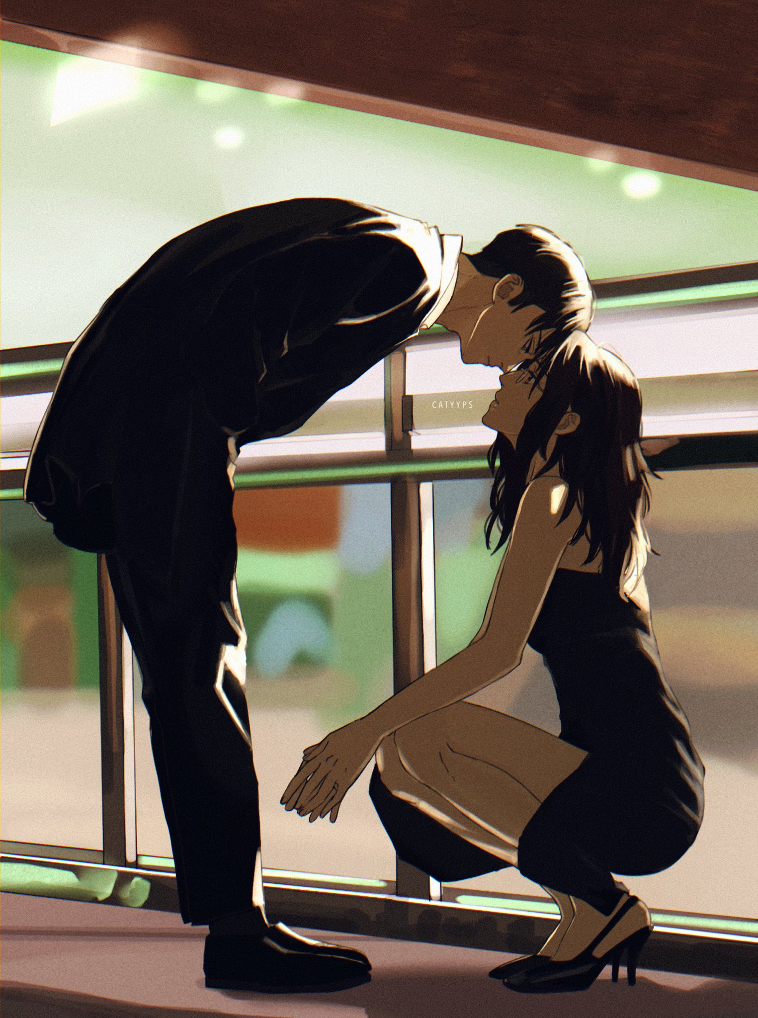 catyyps, hange zoe, levi (shingeki no kyojin), shingeki no kyojin, highres, 1boy, 1girl, artist name, bare arms, bare shoulders, bent over, black dress, black hair, black jacket, black pants, black shoes, black suit, breasts, dress, forehead-to-forehead, formal clothes, full body, glasses, heads together, high heels, jacket, long hair, looking at another, medium breasts, pants, pumps, shoes, short hair, squatting, suit, suit jacket