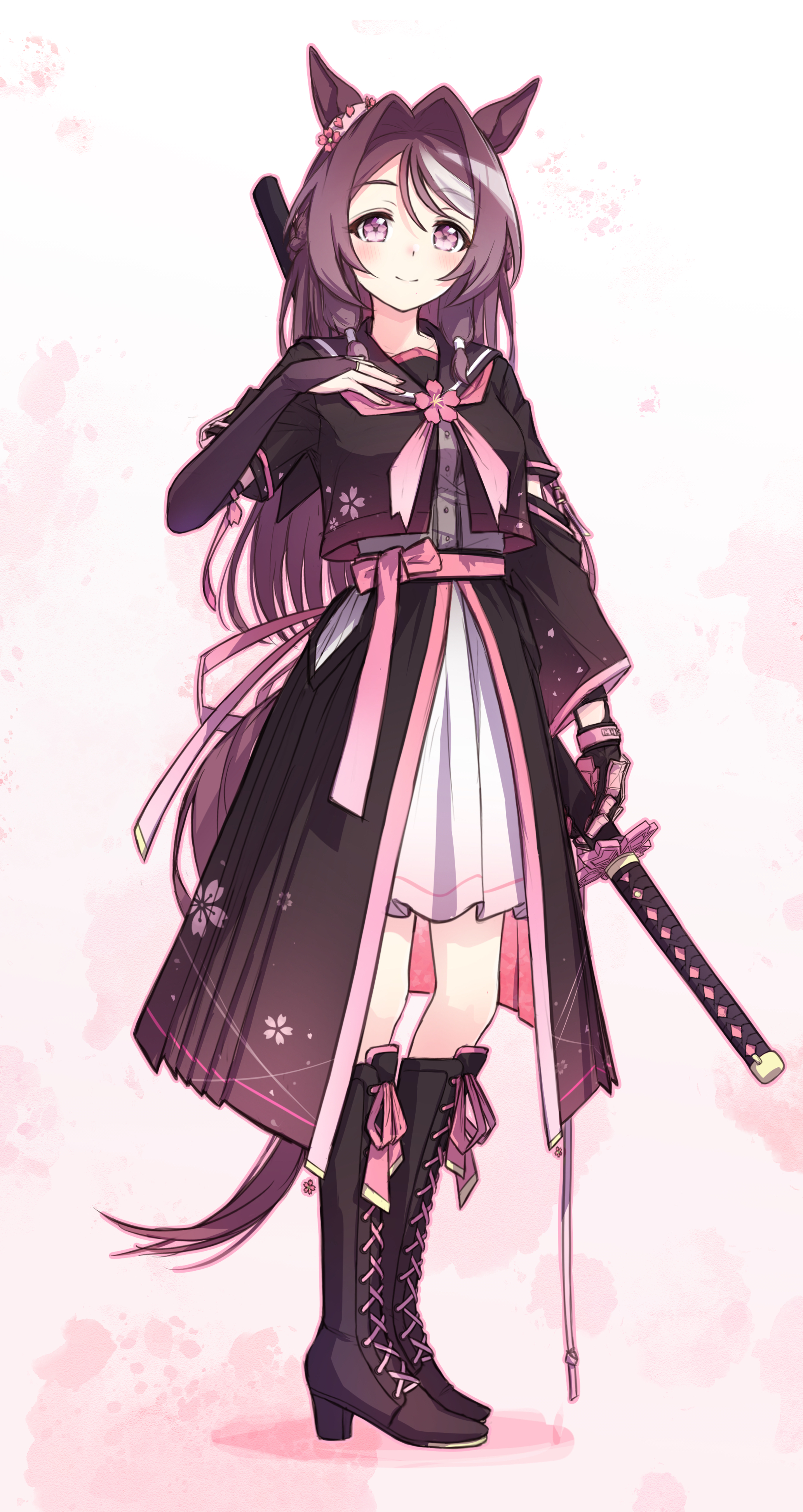 sarasuty, sakura chitose o (umamusume), umamusume, absurdres, commentary request, highres, 1girl, animal ears, asymmetrical clothes, black boots, black gloves, black sailor collar, blush, boots, bridal gauntlets, brown hair, closed mouth, clothing cutout, flower, flower in eye, full body, gloves, gradient background, hair intakes, hand on own chest, high heel boots, high heels, hip vent, holding, holding sword, holding weapon, horse ears, horse girl, horse tail, knee boots, lace-up boots, looking at viewer, multicolored hair, neckerchief, pink eyes, pink flower, pink neckerchief, pink ribbon, ribbon, sailor collar, sheath, sheathed, shirt, short sleeves, single glove, skirt, smile, solo, standing, streaked hair, swept bangs, sword, symbol in eye, tail, two-tone hair, weapon, white background, white hair, white shirt, white skirt