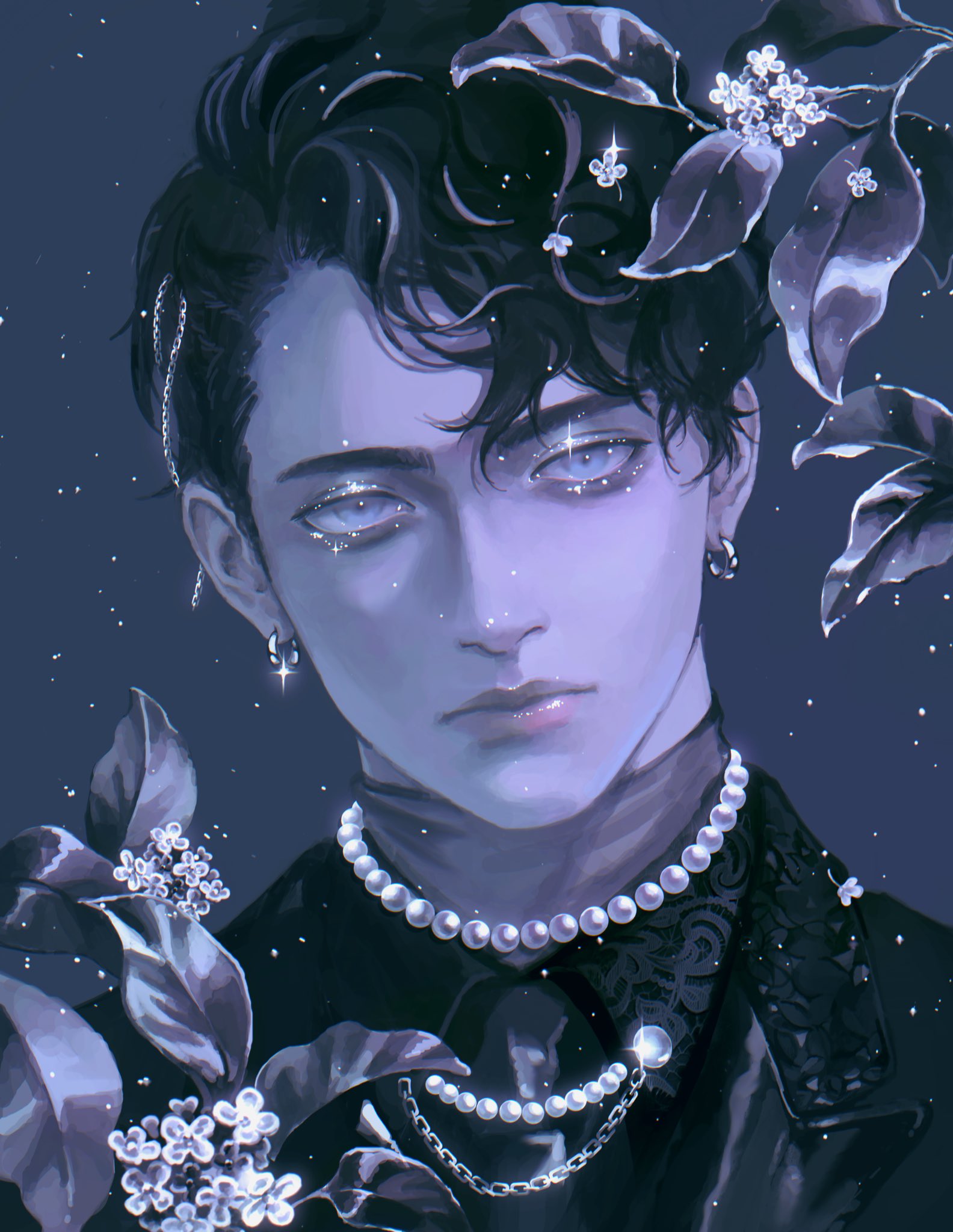 hypnosis mic, hypnosis mic: rule the stage, commentary, highres, 0pa9ue4, 1boy, asymmetrical bangs, bags under eyes, black hair, black jacket, black necktie, black shirt, blue eyes, collar chain (jewelry), collared shirt, earrings, expressionless, falling flower, flower, glint, glitter makeup, grey background, grey streaks, grey sweater, grey theme, head tilt, hoop earrings, jacket, jewelry, lapels, light particles, lipgloss, looking at viewer, male focus, multicolored hair, muted color, necklace, necktie, official alternate costume, osmanthus, pale skin, peaked lapels, pearl necklace, pink lips, plant, portrait, realistic, shirt, short hair, sidelighting, silver chain, silver earrings, silver osmanthus, solo, streaked hair, sweater, turtleneck, turtleneck sweater, wavy hair, yagasaki ibuki