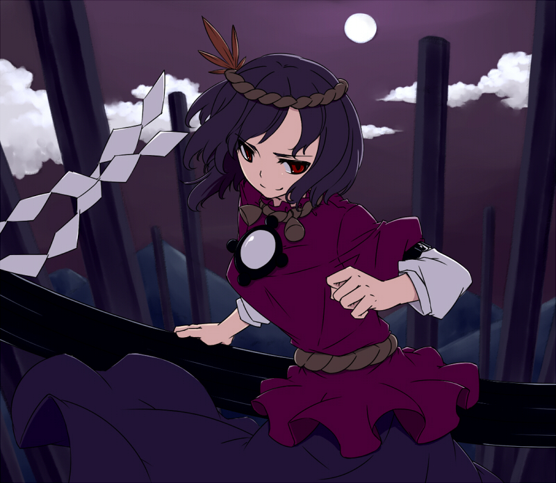 sakuraba yuuki, yasaka kanako, touhou, 1girl, female focus, onbashira, outdoors, purple hair, red eyes, rope, short hair, sky, solo