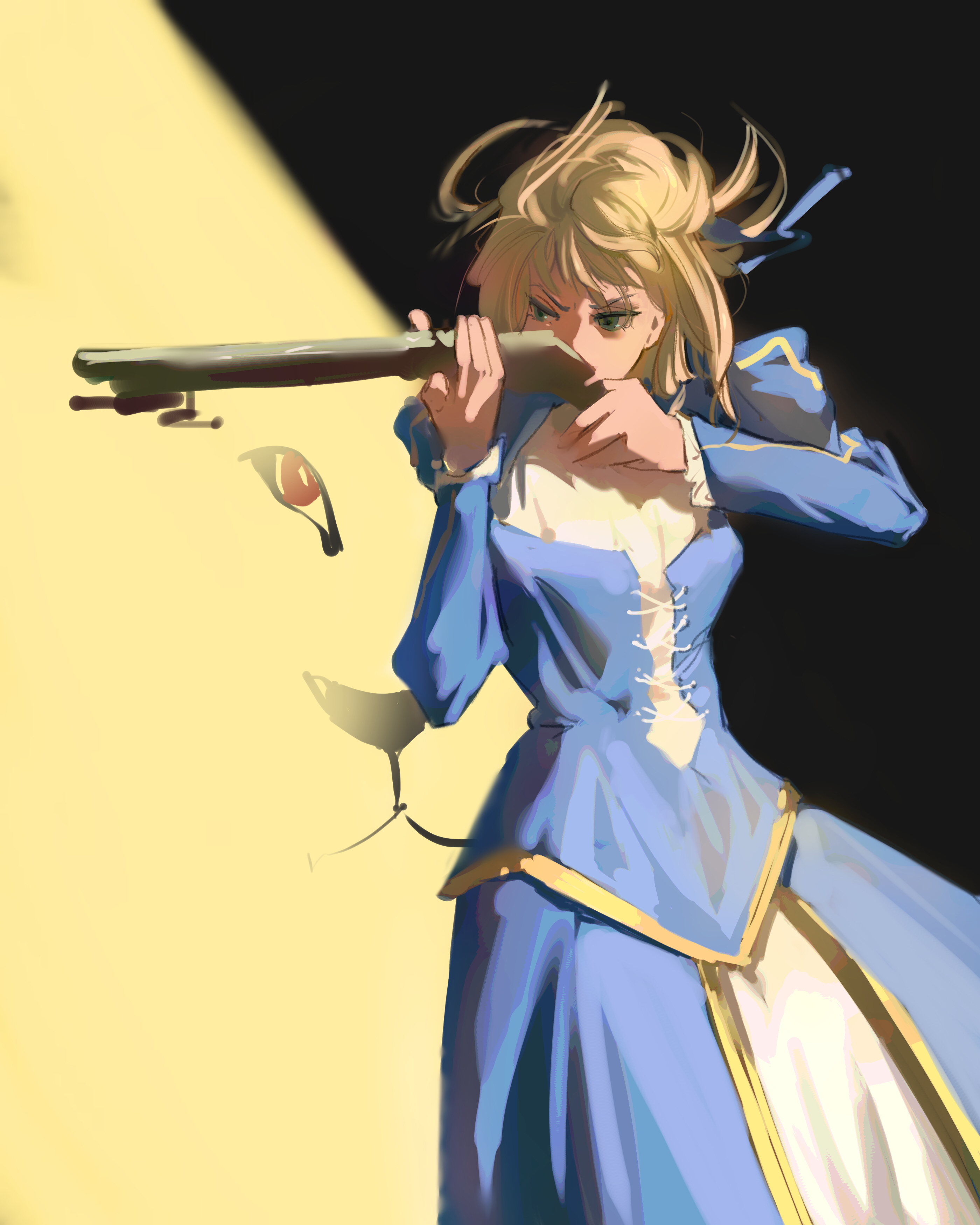 kio3o, artoria pendragon (fate), saber (fate), fate/stay night, fate (series), absurdres, highres, 1girl, aiming, black background, blonde hair, blue bow, blue dress, bow, braid, breasts, covered mouth, cowboy shot, dress, floating hair, green eyes, gun, hair bow, hair bun, hands up, holding, holding gun, holding weapon, juliet sleeves, long sleeves, looking to the side, medium breasts, puffy sleeves, rifle, short hair, sniper rifle, solo, standing, two-tone background, two-tone dress, v-shaped eyebrows, weapon, white dress, yellow background