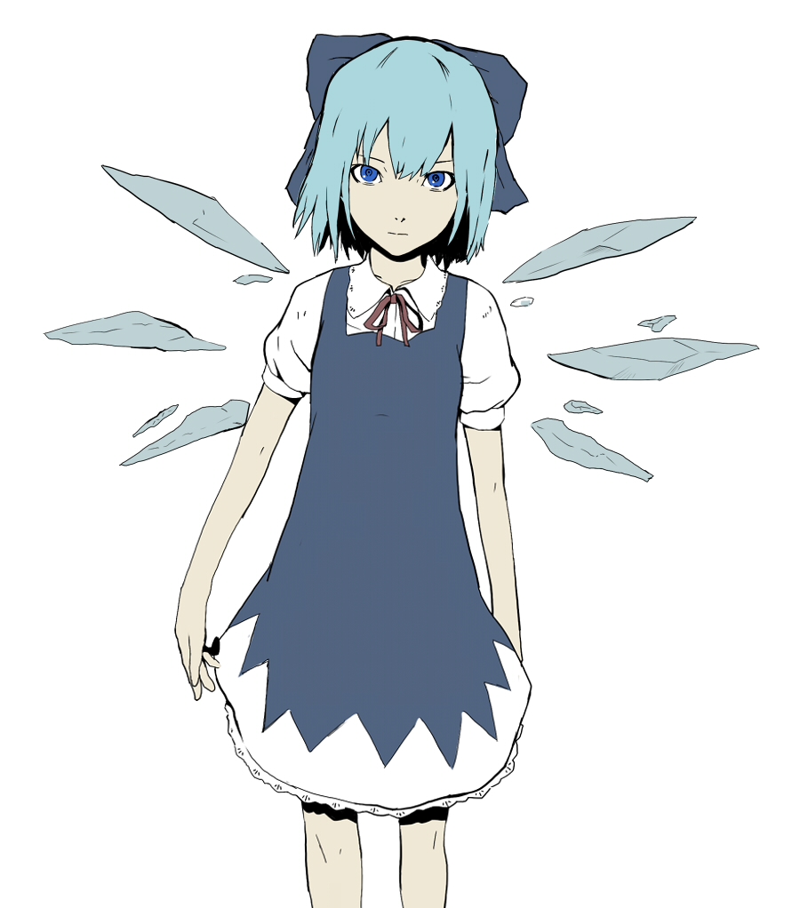 luv, cirno, embodiment of scarlet devil, touhou, 1girl, blouse, blue eyes, blue hair, bow, collared shirt, dress, eyebrows hidden by hair, female focus, flat color, hair bow, matching hair/eyes, pinafore dress, shirt, simple background, sleeveless, sleeveless dress, solo, white background, white shirt, wings