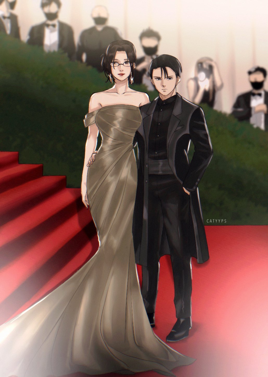 catyyps, hange zoe, levi (shingeki no kyojin), shingeki no kyojin, highres, 1boy, 1girl, arm around waist, artist name, black hair, black jacket, black pants, black shirt, black shoes, black suit, breasts, brown hair, collared shirt, couple, dress, earrings, formal clothes, full body, glasses, grey dress, hand in pocket, hetero, jacket, jewelry, large breasts, long dress, medium hair, mermaid dress, met gala, off-shoulder dress, off shoulder, pants, paparazzi, parted bangs, red carpet, shirt, shoes, short hair, stairs, standing, suit, updo