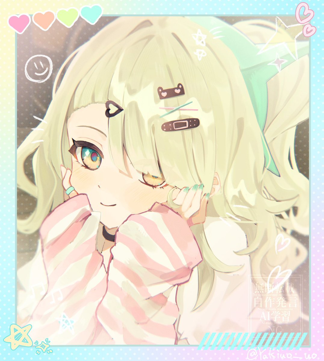 chinatsu remiel, zenless zone zero, commentary request, highres, 1girl, bandaid, bandaid hair ornament, black choker, blush, border, choker, closed mouth, dotted background, gradient border, green border, green eyes, green nails, hair ornament, head rest, heart, heart hair ornament, jewelry, long hair, looking at viewer, multicolored eyes, multiple hair clips, orange eyes, pink arm warmers, pink border, ponytail, ring, shirt, smile, solo, star (symbol), striped arm warmers, twitter username, white shirt, yakiuo uo