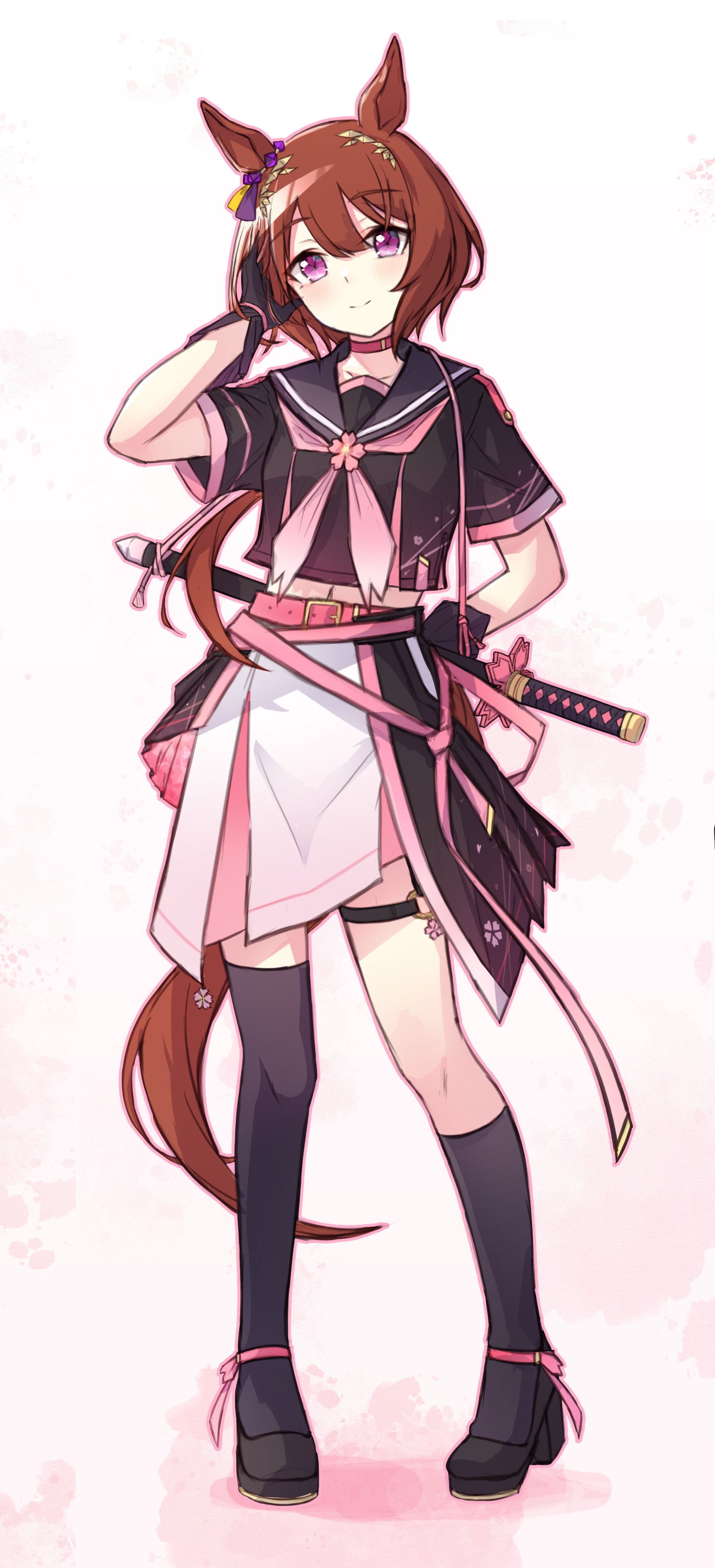 sarasuty, sakura laurel (umamusume), umamusume, absurdres, highres, 1girl, adjusting hair, animal ears, asymmetrical legwear, belt, belt buckle, black gloves, black shirt, black shoes, black skirt, black socks, black thighhighs, blush, brown hair, buckle, choker, closed mouth, dress, flower, full body, gloves, gradient background, high heels, horse ears, horse girl, horse tail, kneehighs, layered skirt, looking at viewer, midriff, navel, neckerchief, o-ring, pink choker, pink flower, pink neckerchief, purple eyes, sailor dress, sheath, sheathed, shirt, shoes, short hair, short sleeves, single kneehigh, single sock, single thighhigh, skirt, smile, socks, solo, standing, sword, tail, thigh strap, thighhighs, weapon, white background, white skirt