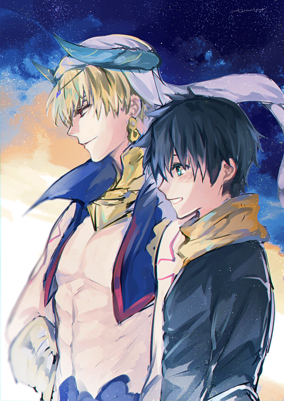 tamika, fujimaru ritsuka (male), fujimaru ritsuka (male) (true ether chaldea uniform), gilgamesh, gilgamesh (caster) (fate), gilgamesh (fate), fate/grand order, fate (series), commentary request, highres, 2boys, abs, armor, bare shoulders, black hair, blonde hair, blue eyes, blue sky, blue vest, blush, circlet, closed mouth, earrings, floating clothes, gauntlets, gem, gold armor, gold earrings, gradient sky, hair between eyes, hand on own hip, horns, jewelry, long sleeves, looking to the side, male focus, multiple boys, muscular, muscular male, night, open clothes, open vest, orange scarf, orange sky, outdoors, pectorals, purple gem, red eyes, scarf, short hair, shoulder tattoo, single gauntlet, sky, smile, star (sky), starry sky, tattoo, teeth, turban, veil, vest, white turban, white veil