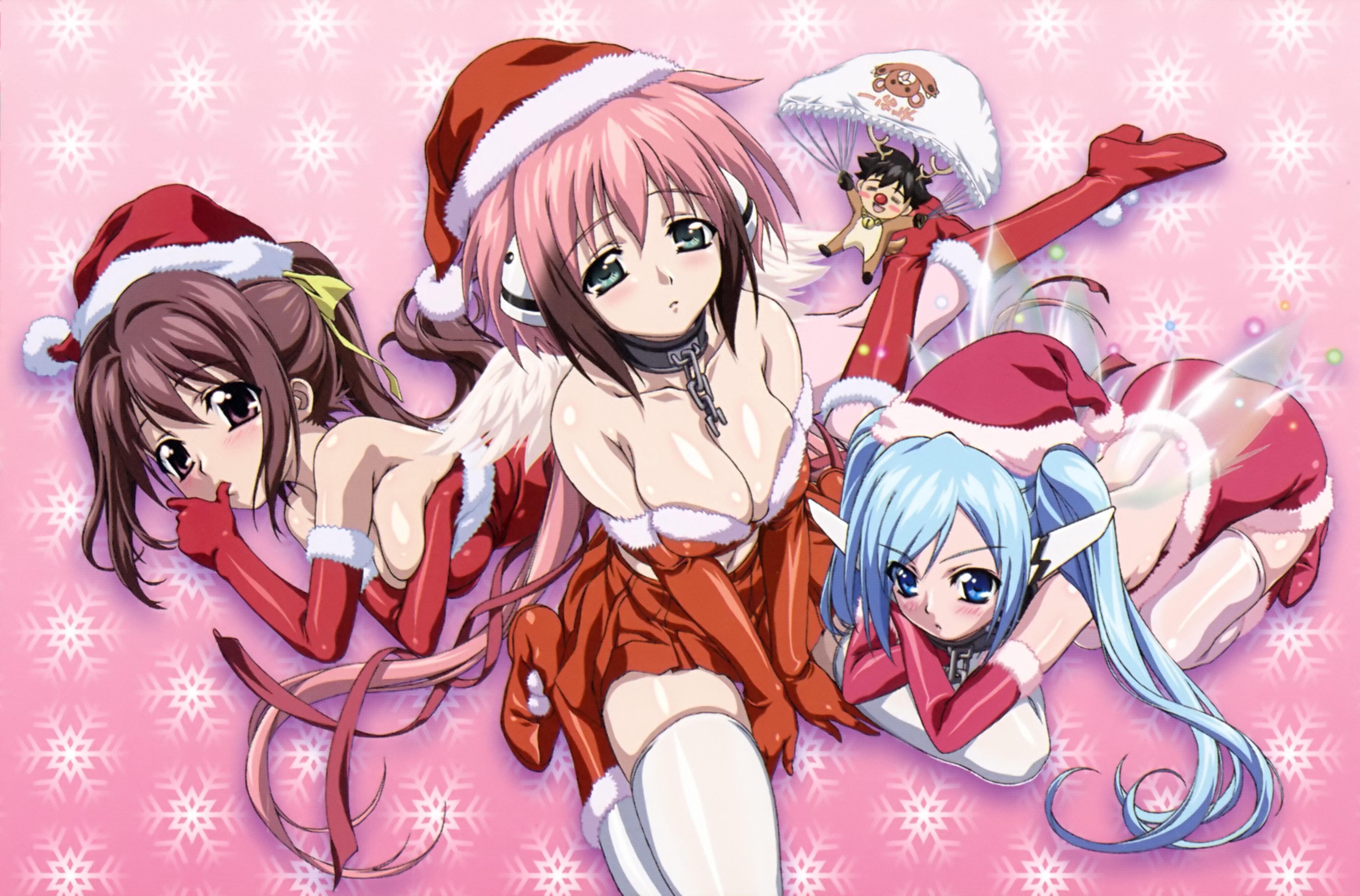 flipkidd23, ikaros, mitsuki sohara, nymph (sora no otoshimono), sakurai tomoki, sora no otoshimono, absurdres, highres, official art, 00s, 3girls, age difference, animal costume, antlers, arm support, bare shoulders, bell, black hair, blue eyes, blue hair, blush, boots, breasts, brown hair, christmas, cleavage, closed eyes, elbow gloves, gloves, green eyes, hair ribbon, hat, horns, hugging own legs, large breasts, loli, long hair, multiple girls, onee-loli, panties, pink hair, ponytail, reindeer costume, ribbon, santa costume, santa hat, shiny skin, short hair, size difference, small breasts, thighhighs, thumb sucking, twintails, underwear, wings, yuri