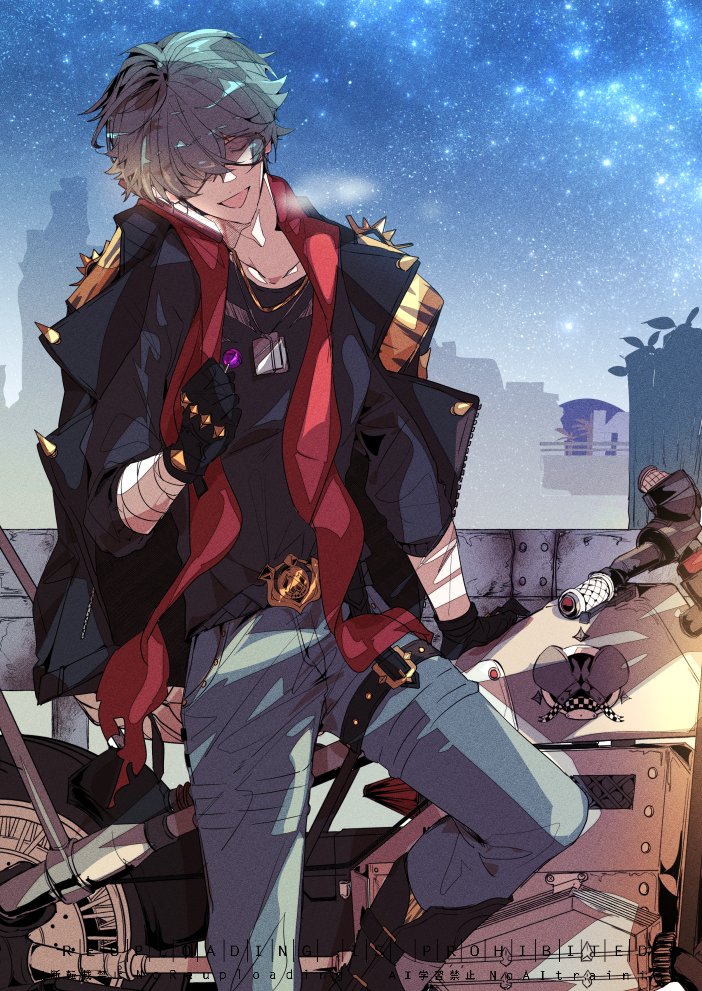 nanawo, lighter (zenless zone zero), zenless zone zero, commentary request, 1boy, bandaged arm, bandages, black gloves, black jacket, black shirt, blue pants, candy, cellphone, closed eyes, collarbone, dog tags, food, gloves, green hair, holding, holding candy, holding food, holding lollipop, jacket, jacket on shoulders, leaning against motorcycle, lollipop, male focus, motor vehicle, motorcycle, open mouth, outdoors, pants, phone, red scarf, scarf, screen light, shirt, short hair, shoulder spikes, sky, smartphone, solo, spiked jacket, spikes, star (sky), starry sky, sunglasses