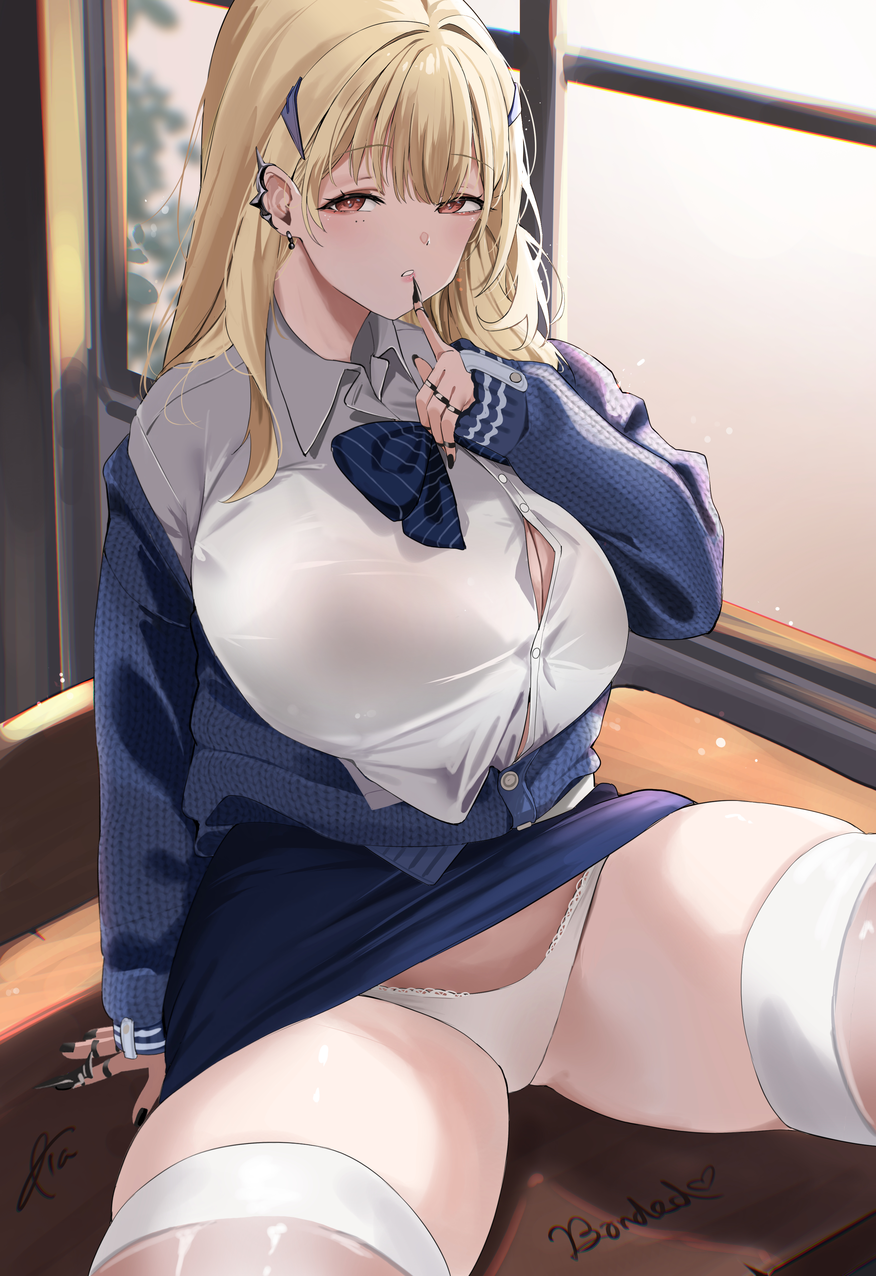 miz blank, tia (nikke), goddess of victory: nikke, absurdres, highres, 1girl, blonde hair, blue bow, blue bowtie, blue cardigan, blue skirt, bow, bowtie, bra visible through clothes, breasts, button gap, cardigan, classroom, claw ring, cleavage, clothes lift, collared shirt, desk, earrings, finger to mouth, gyaru, hair ornament, hairclip, huge breasts, indoors, jewelry, kogal, long hair, long sleeves, looking at viewer, mole, mole under eye, multiple rings, on desk, panties, pantyshot, red eyes, ring, school desk, shirt, sitting, skindentation, skirt, skirt lift, spike piercing, spread legs, thick thighs, thighhighs, thighs, underwear, white panties, white shirt, white thighhighs