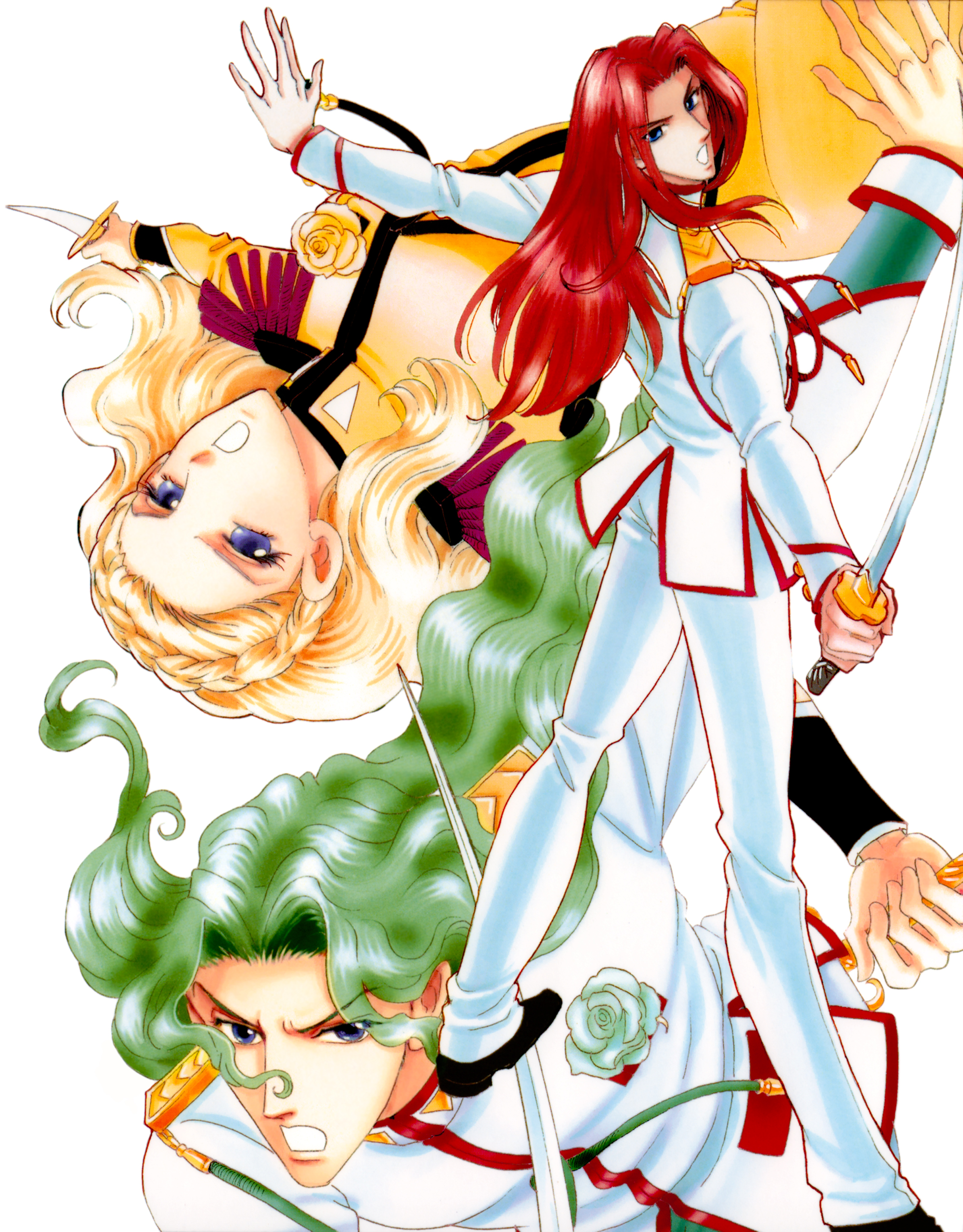 saitou chiho, kiryuu nanami, kiryuu touga, saionji kyouichi, shoujo kakumei utena, absurdres, highres, official art, 1girl, 2boys, arm up, arms up, back, black shoes, blonde hair, blue eyes, flower, green flower, green hair, green rose, holding, holding sword, holding weapon, jacket, looking at viewer, multiple boys, multiple weapons, open mouth, pants, purple eyes, red hair, rose, shoes, straight hair, sword, wavy hair, weapon, white background, white jacket, white pants, yellow flower, yellow jacket, yellow pants, yellow rose