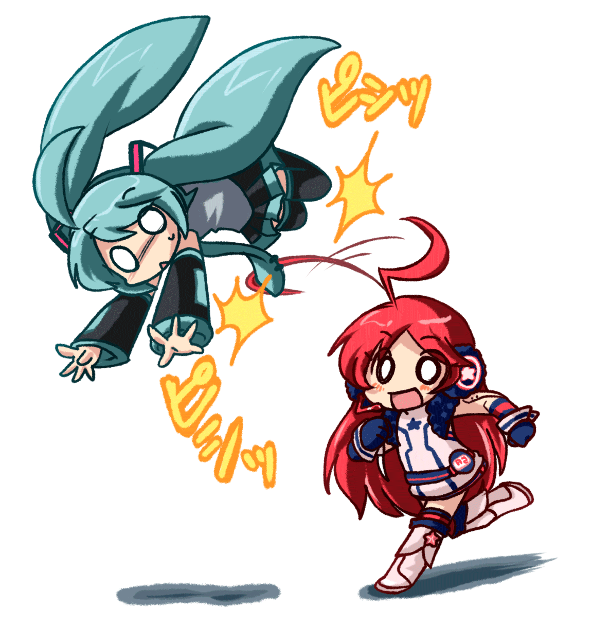 eromame, hatsune miku, sf-a2 miki, vocaloid, striped legwear, bad id, bad pixiv id, highres, ahoge, aqua hair, boots, detached sleeves, headset, kneehighs, long hair, necktie, o o, red hair, skirt, socks, star (symbol), thighhighs, tossing, twintails