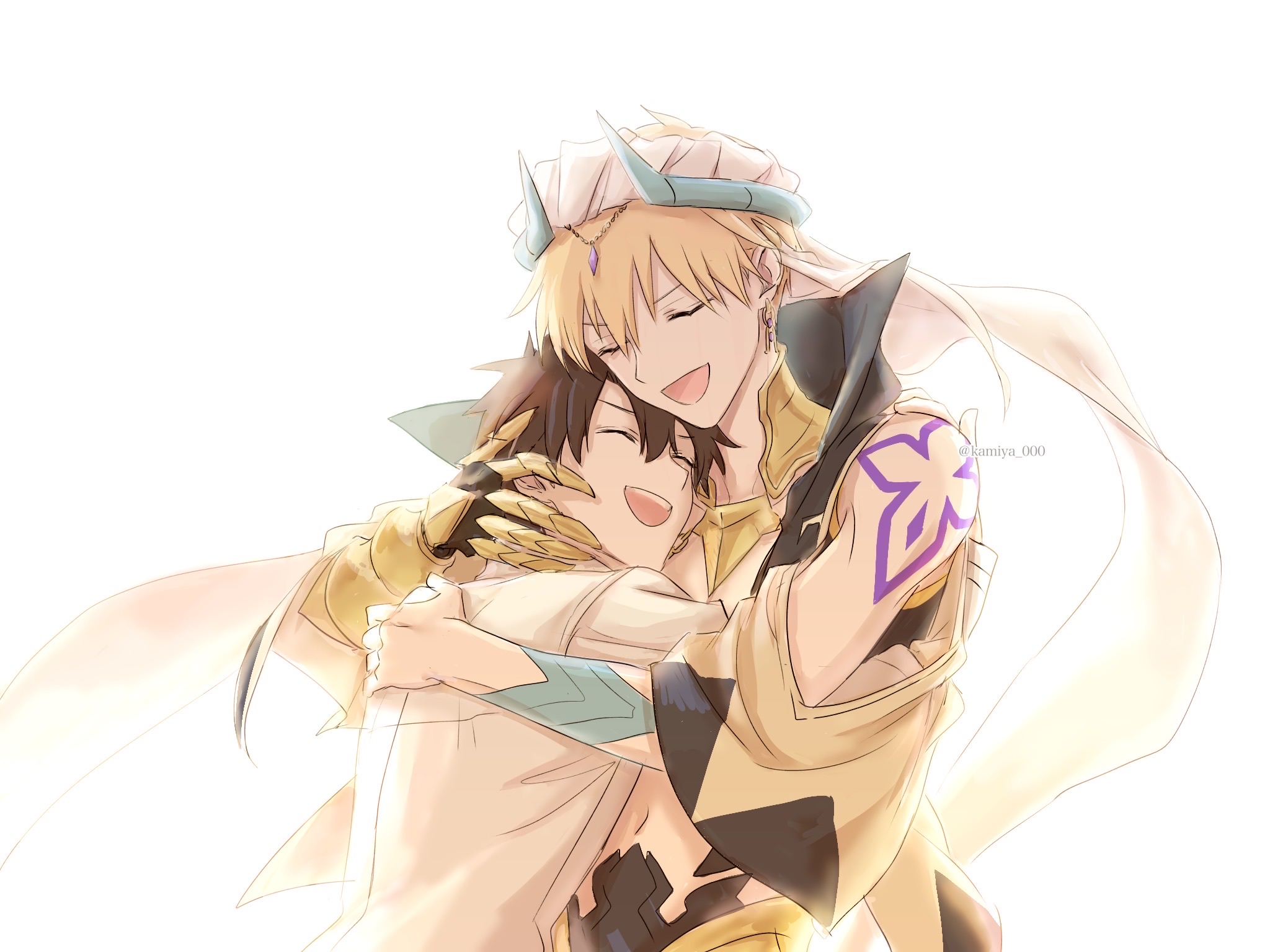 kamiya (kamiya 000), fujimaru ritsuka (male), gilgamesh, gilgamesh (caster) (fate), gilgamesh (fate), fate/grand order, fate (series), highres, 2boys, armor, artist name, bare shoulders, black hair, black vest, blonde hair, chain, chaldea uniform, circlet, closed eyes, earrings, floating clothes, from behind, gauntlets, gem, gold armor, gold chain, gold earrings, hair between eyes, happy, horns, hug, jewelry, long sleeves, male focus, multiple boys, navel, open clothes, open mouth, open vest, purple gem, shirt, short hair, shoulder tattoo, simple background, single gauntlet, smile, standing, tattoo, teeth, turban, veil, vest, white background, white shirt, white turban, yaoi