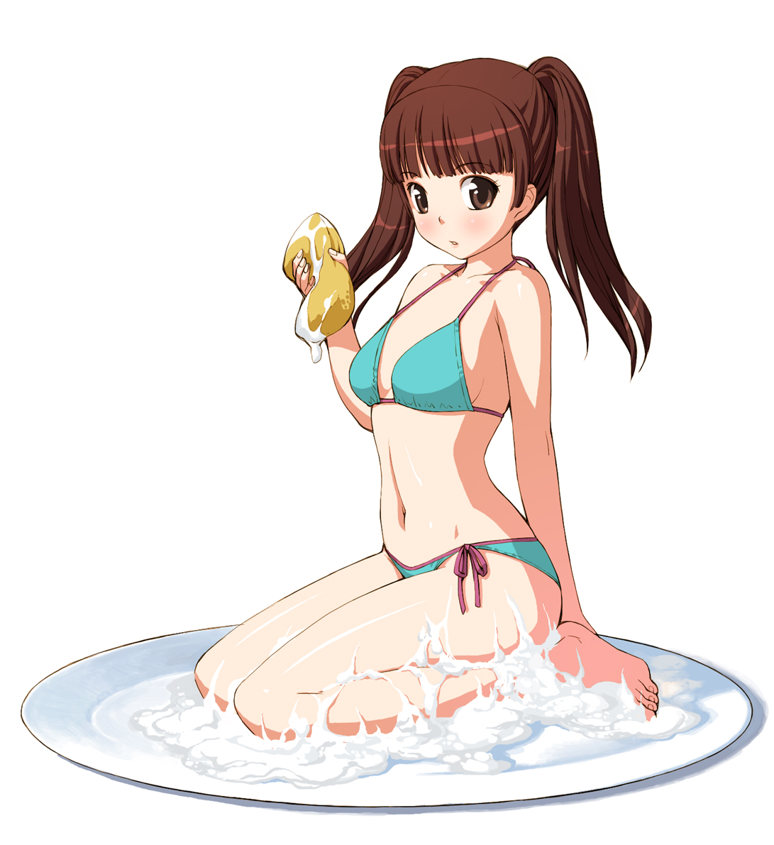 poripori (pixiv), original, 1girl, barefoot, bikini, brown eyes, brown hair, female focus, kneeling, long hair, mini person, minigirl, navel, on plate, plate, soap, solo, sponge, swimsuit, twintails