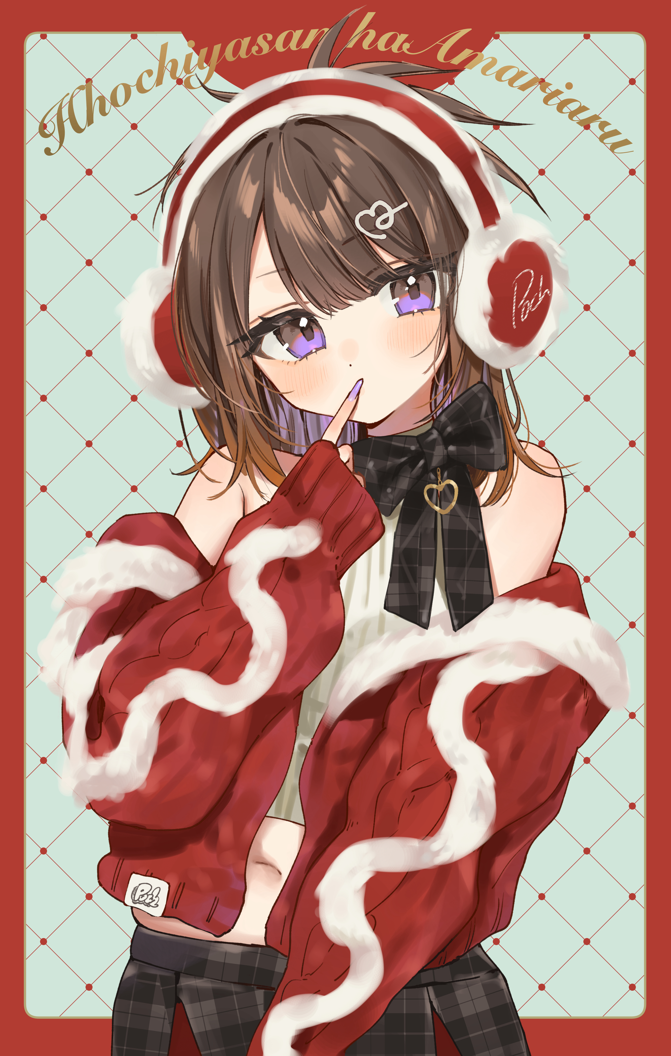 misekiss, original, absurdres, commentary request, highres, 1girl, bare shoulders, black bow, black skirt, blush, border, bow, brown hair, cardigan, cowboy shot, finger to mouth, fingernails, hair ornament, hairclip, headphones, heart, heart hair ornament, long fingernails, long hair, long sleeves, looking at viewer, nail polish, navel, open cardigan, open clothes, outside border, plaid clothes, plaid skirt, purple eyes, purple nails, red border, red cardigan, shirt, skirt, solo, white shirt