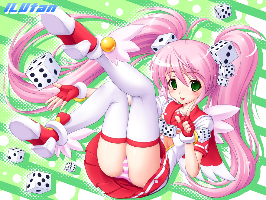 amane (funfun), original, :p, blush, dice, fingerless gloves, gloves, long hair, one eye closed, panties, pink hair, school uniform, serafuku, skirt, solo, striped clothes, striped panties, thighhighs, tongue, tongue out, twintails, underwear, very long hair, wings, wink