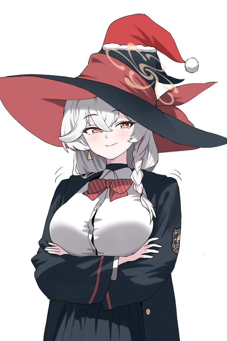 potgit, eri (blue archive), blue archive, commentary, revision, 1girl, arms under breasts, black hat, black robe, black skirt, blush, bow, bowtie, braid, breasts, button gap, crossed arms, diagonal-striped bow, diagonal-striped bowtie, diagonal-striped clothes, earrings, fur-trimmed headwear, fur trim, grey hair, hat, jewelry, large breasts, looking at viewer, multicolored hair, pleated skirt, red bow, red bowtie, red hair, robe, santa hat, shirt, simple background, single braid, skirt, smile, solo, streaked hair, striped bow, striped bowtie, striped clothes, triangle earrings, two-sided fabric, two-sided headwear, two-tone hair, undershirt, white background, white shirt, witch hat
