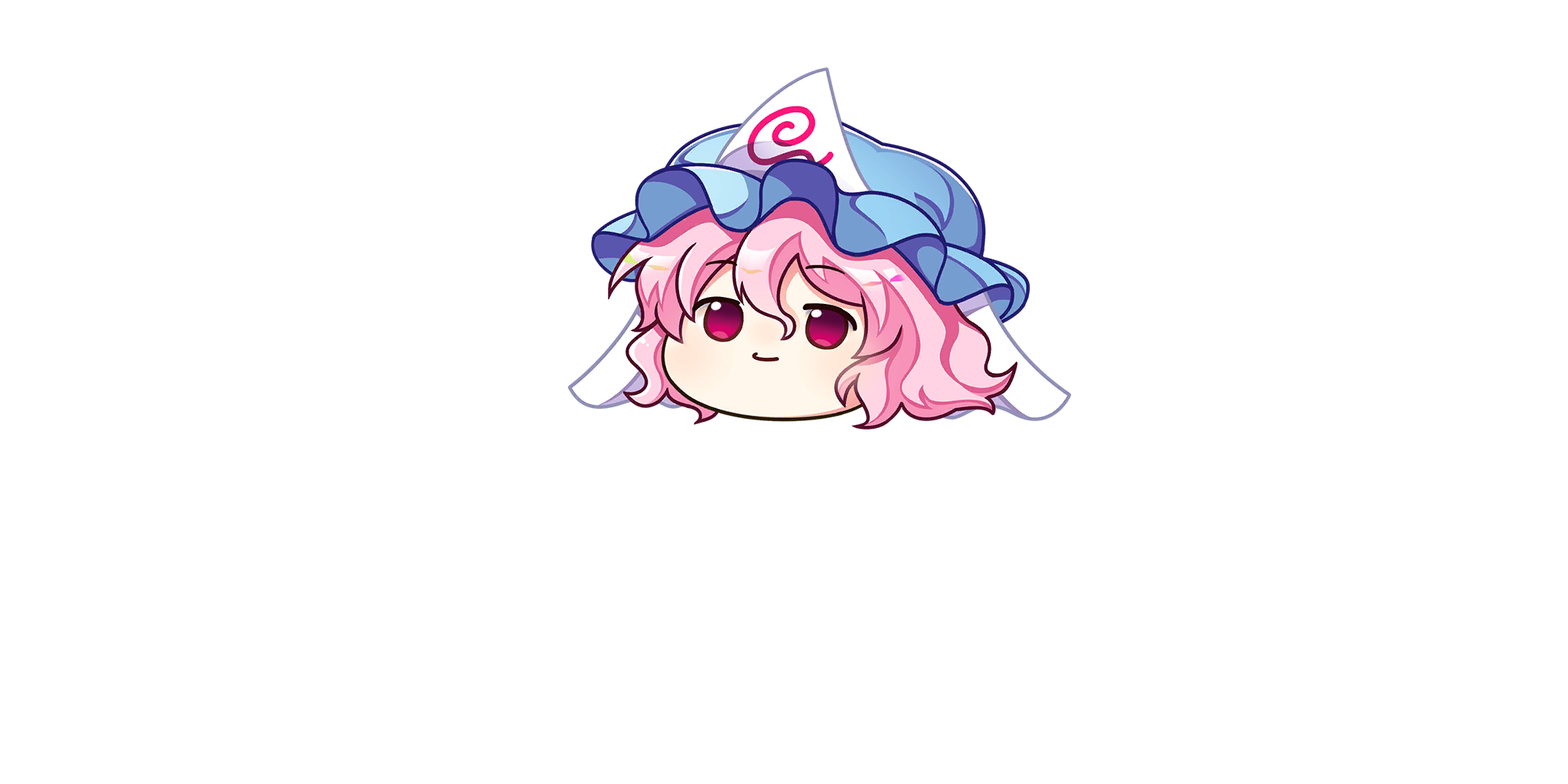 rotte (1109), saigyouji yuyuko, touhou, touhou lostword, game cg, highres, official art, third-party source, 1girl, blue hat, closed mouth, hat, hitodama, looking at viewer, mob cap, pink eyes, pink hair, smile, solo, transparent background, triangular headpiece, yukkuri shiteitte ne