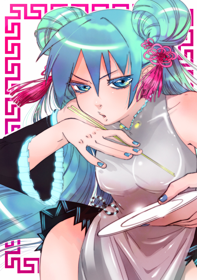 yamada ranga, yamadara, hatsune miku, vocaloid, bad id, bad piapro id, 1girl, aqua eyes, aqua hair, blue nails, china dress, chinese clothes, chopsticks, detached sleeves, double bun, dress, female focus, hair bun, lolita fashion, long hair, microskirt, nail polish, pelvic curtain, qi lolita, skirt, solo