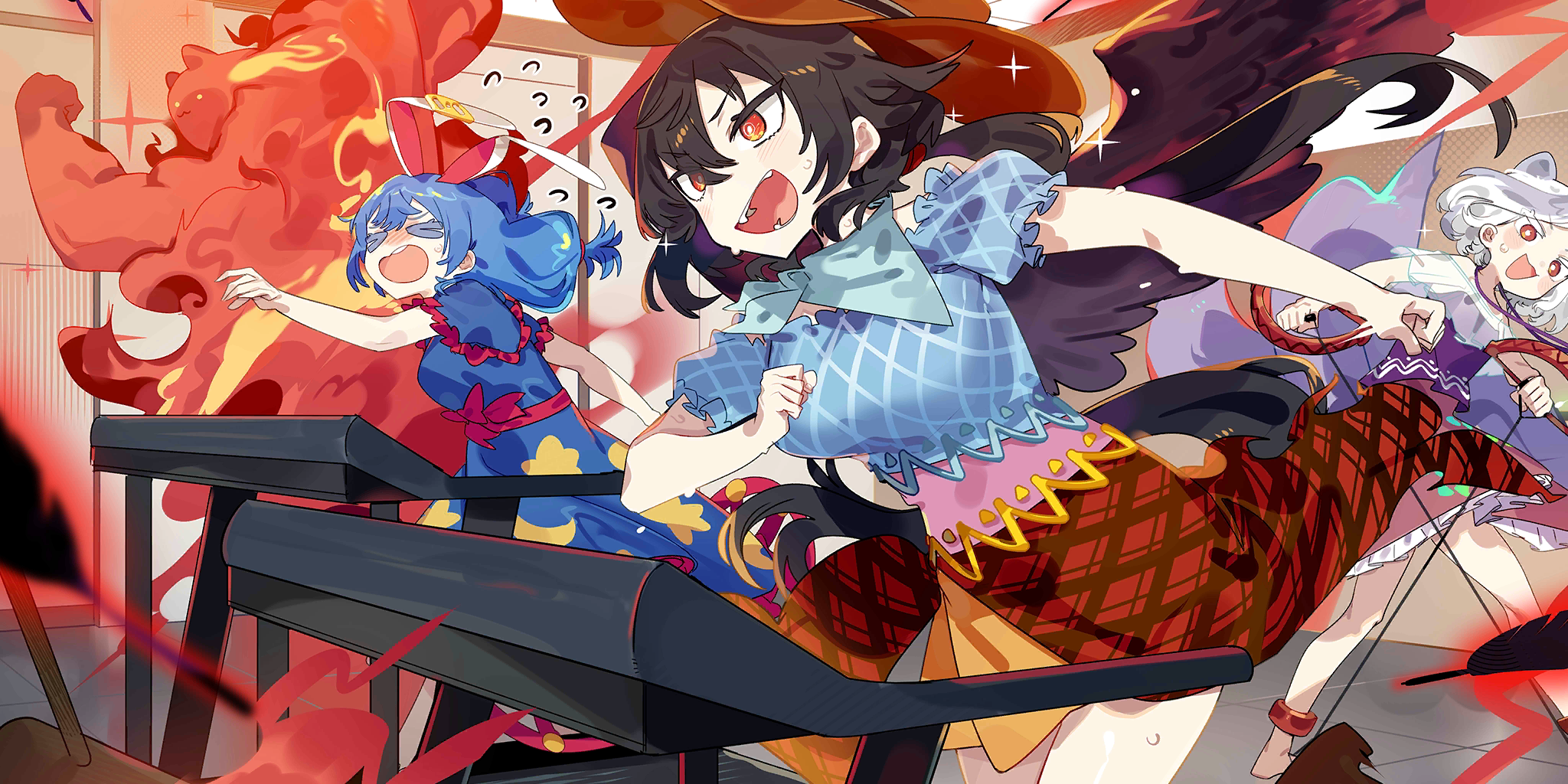 kurokoma saki, mitsugashira enoko, seiran (touhou), wolf spirit (touhou), touhou, touhou lostword, artist request, game cg, highres, official art, third-party source, > <, 3girls, animal ears, anklet, bandana, bear trap, black wings, blue dress, blue shirt, breasts, brown hair, brown hat, cowboy hat, crescent print, dog ears, dog girl, dog tail, dress, earclip, exercising, falling feathers, feathers, flexing, flying sweatdrops, grey hair, hat, horse tail, jewelry, long hair, multicolored hair, multiple girls, off-shoulder shirt, off shoulder, open mouth, print dress, puffy short sleeves, puffy sleeves, purple hair, rabbit ears, rabbit girl, red eyes, shirt, short sleeves, smile, star (symbol), star print, sweat, tail, treadmill, two-tone hair, wings