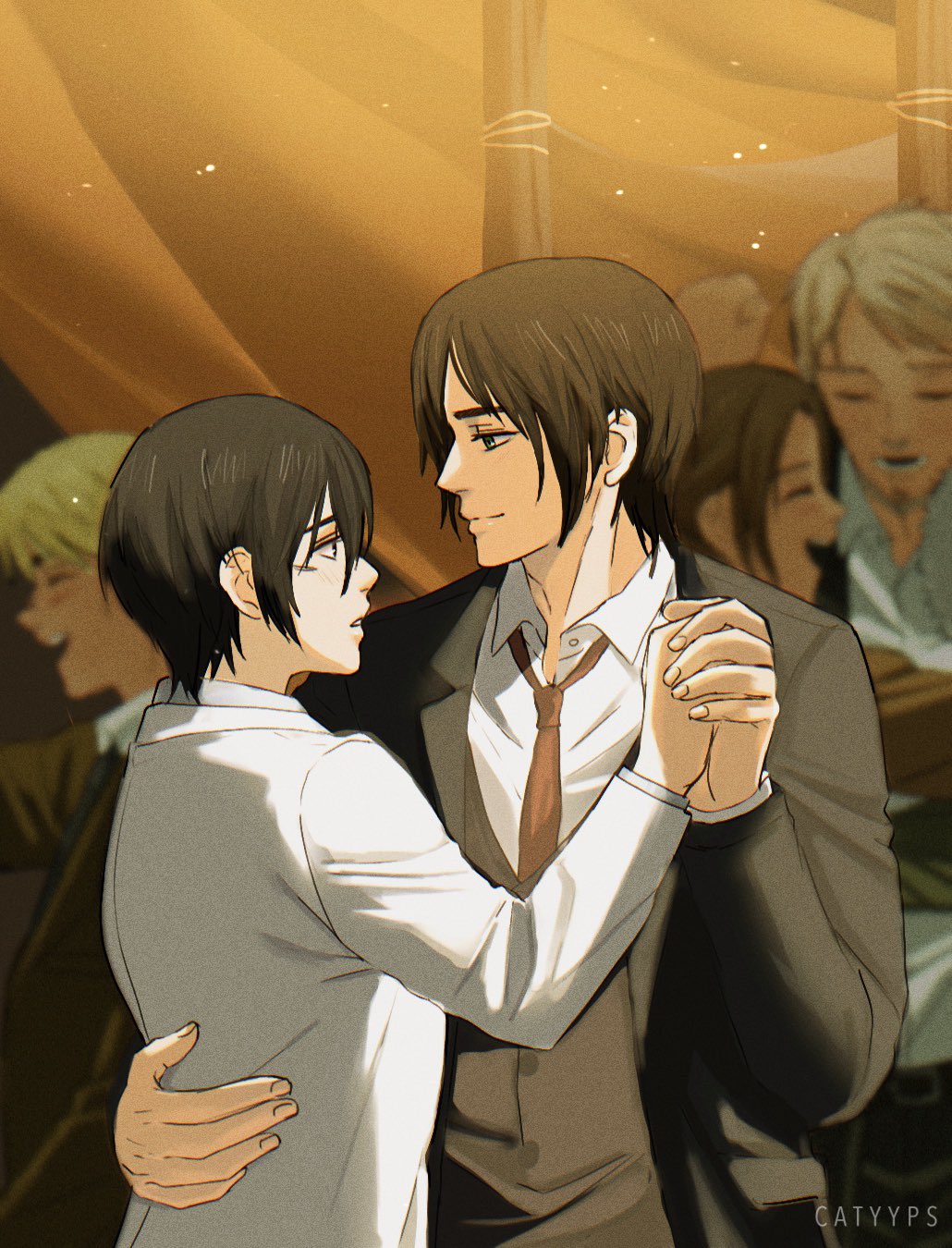 catyyps, armin arlert, eren yeager, mikasa ackerman, shingeki no kyojin, highres, 2girls, 3boys, artist name, black jacket, blonde hair, blurry, blurry background, brown hair, closed eyes, collared shirt, couple, dancing, facial scar, hair between eyes, hand on another's back, hetero, holding hands, jacket, laughing, light smile, looking at another, multiple boys, multiple girls, necktie, open mouth, parted bangs, parted lips, red necktie, scar, scar on cheek, scar on face, shirt, short hair, suit jacket, upper body, white jacket, white shirt