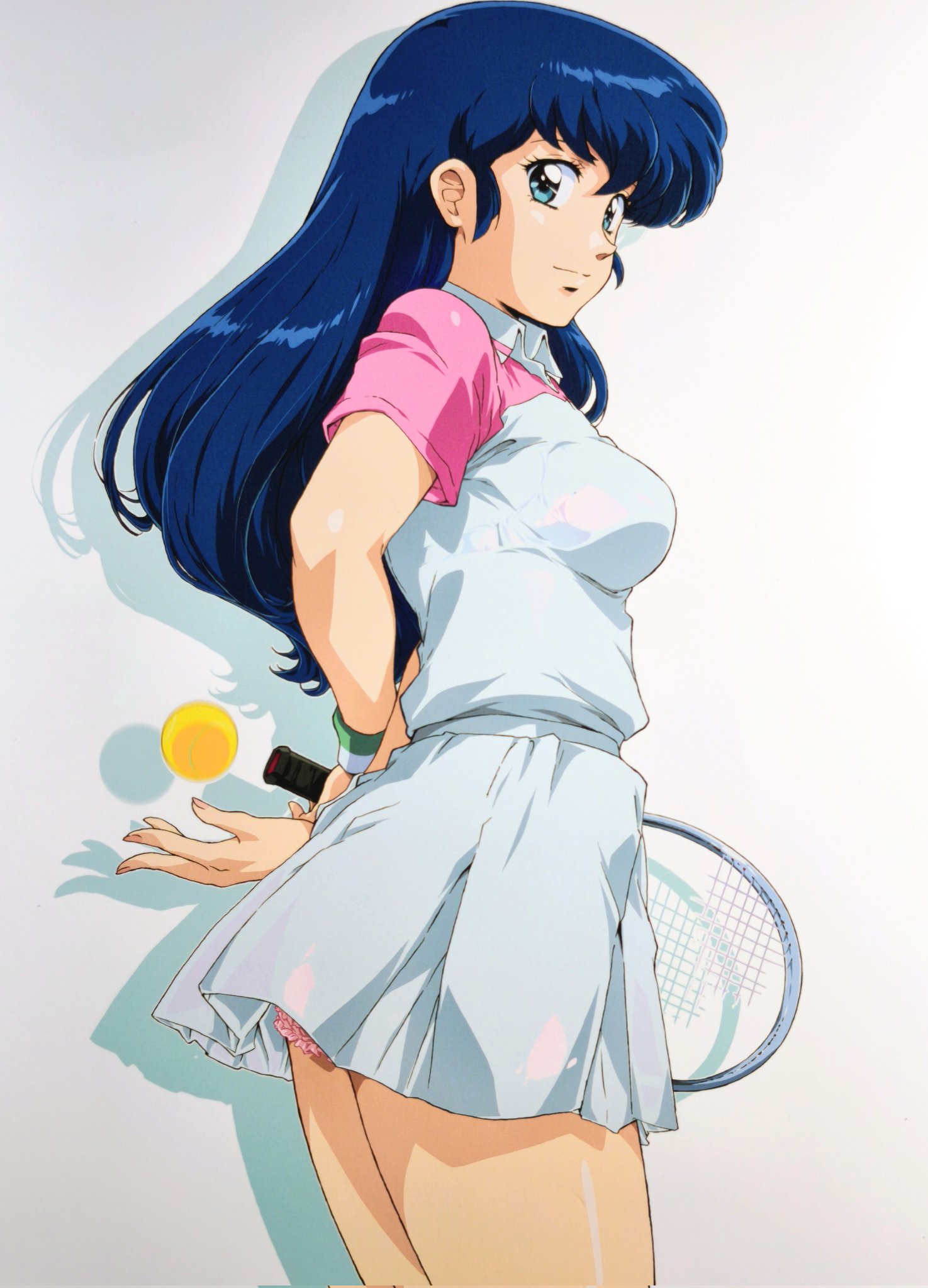 otonashi kyouko, maison ikkoku, commentary request, highres, 1girl, arms behind back, ball, belt, blue eyes, blue hair, breasts, closed mouth, collared dress, cowboy shot, dress, drop shadow, frilled panties, frills, from side, holding, holding tennis racket, impossible clothes, impossible dress, long hair, looking at viewer, looking to the side, medium breasts, panties, pantyshot, pink panties, racket, short dress, smash k-tarou, smile, solo, standing, tennis ball, tennis racket, thighs, underwear, white belt, white dress, wristband